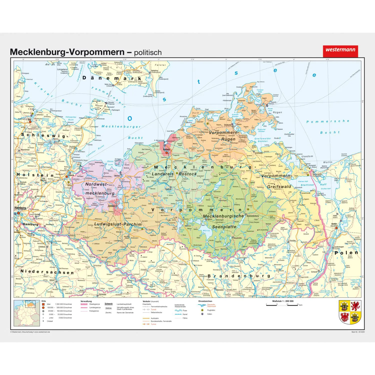Wandkarte Mecklenburg-Vorpommern, phys./pol., 180 x 150 cm, 1:225 000, aus der Kategorie Alle Produkte