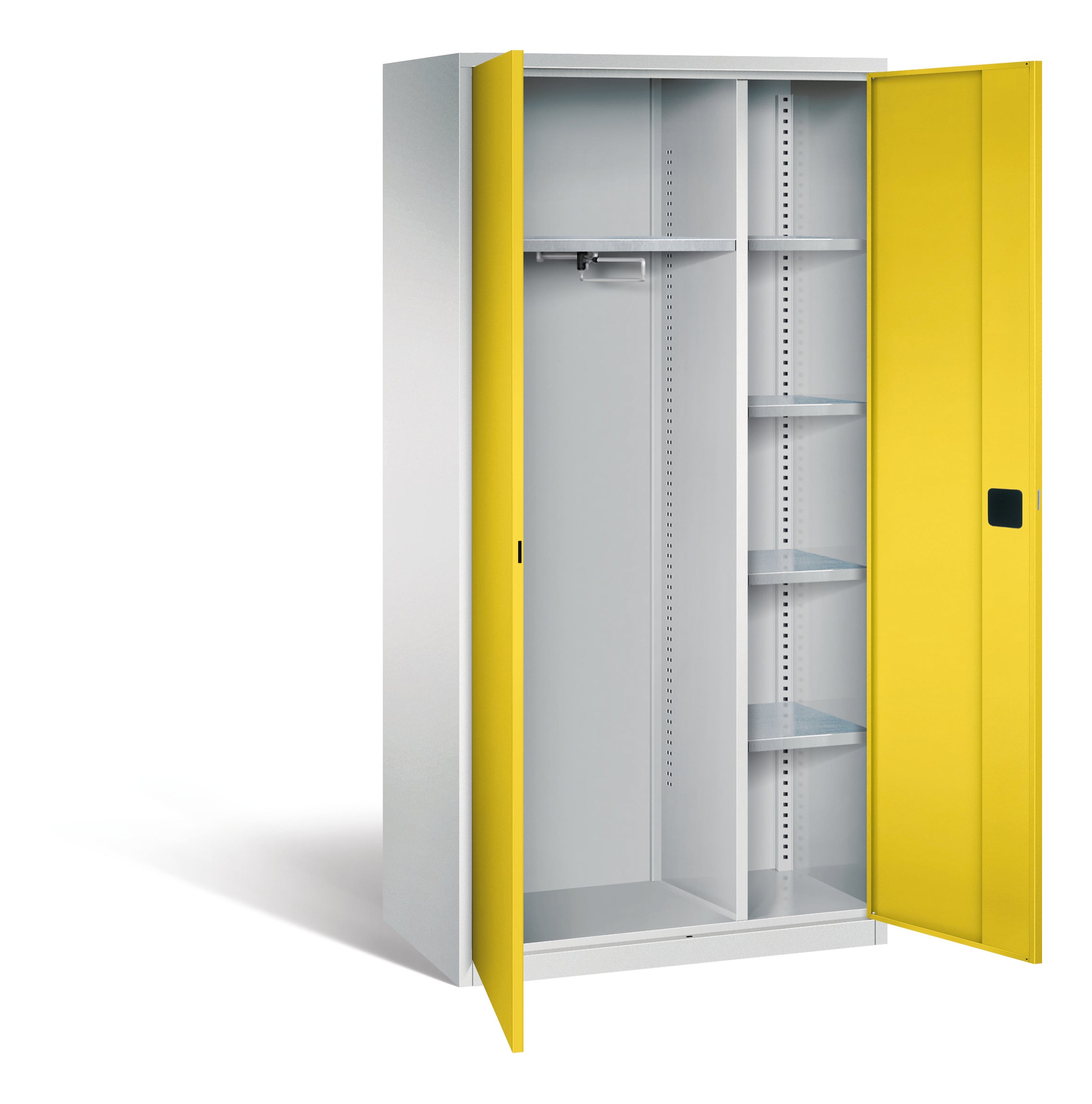Garderobenschrank aus Stahl, 195 cm hoch,  95x40 cm (B/T), 4 Böden, Garderobe links, aus der Kategorie Garderoben Schränke STAHL