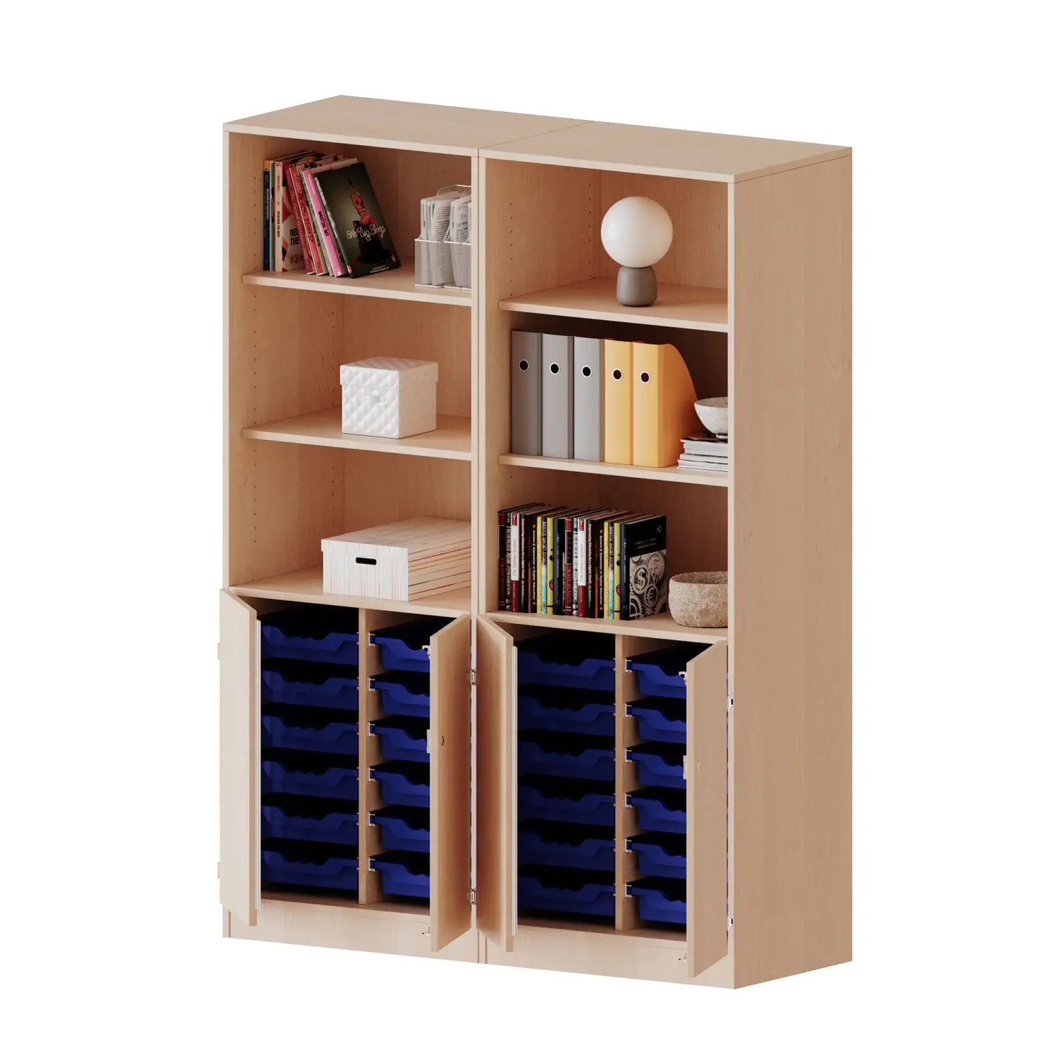 ErgoTray Schrank, 4reihig, 2OH unten Türen, 24 flache Boxen, oben 3OH Regal, B/H/T 140,6x190x50cm aus der Kategorie Klassen- und Schulschränke