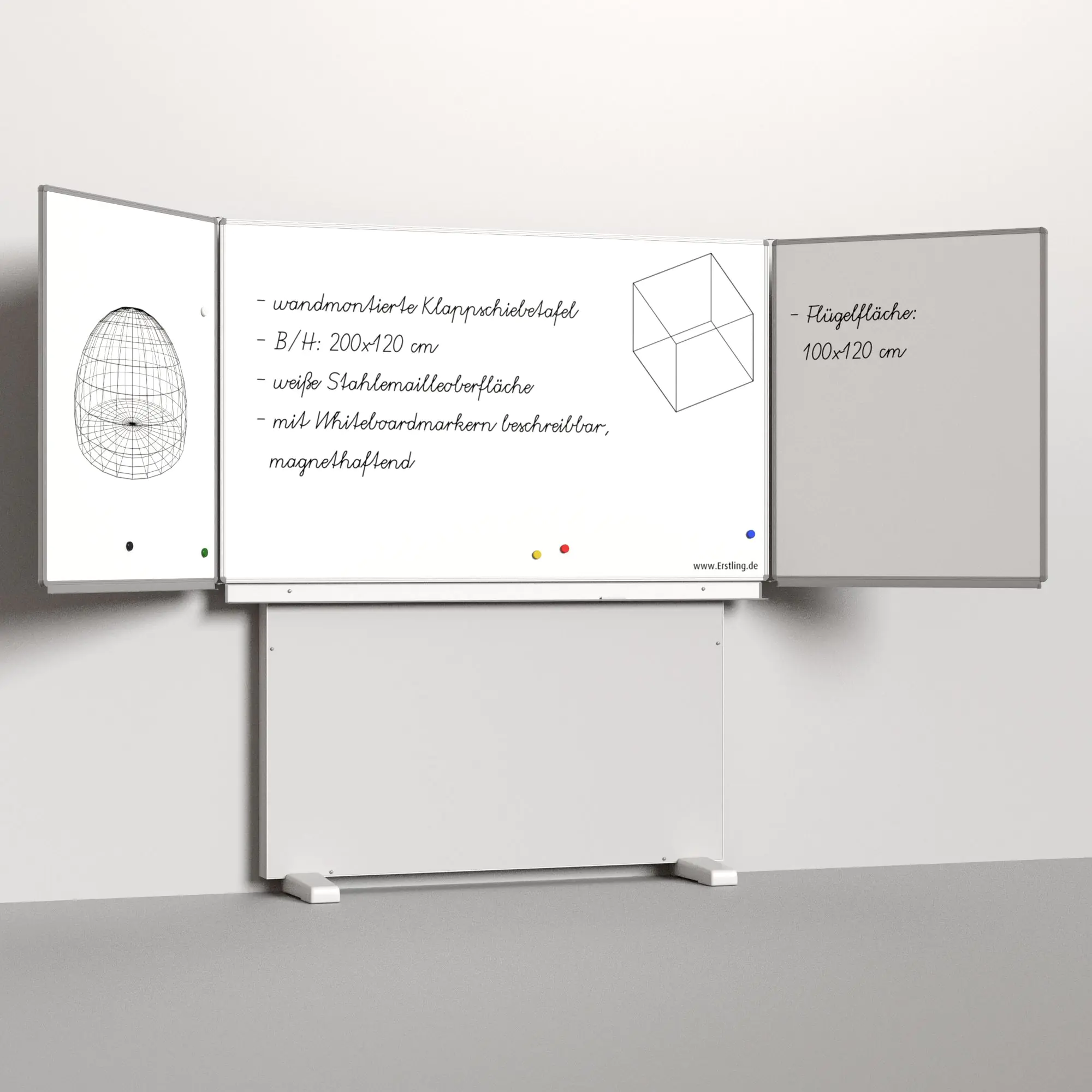 Klapp-Schiebetafel wandmontiert, Stellfuß, Mittelfläche 200x120 cm, Stahlemaille weiß aus der Kategorie wandmontierte Klapp-Schiebe-Tafeln