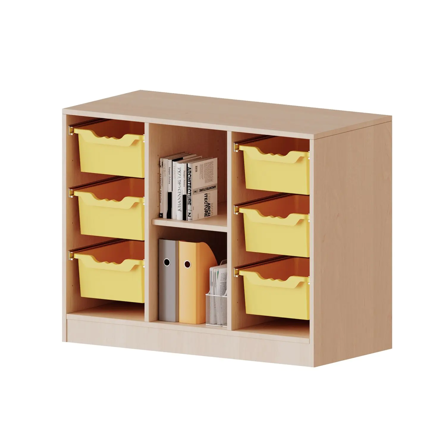 ErgoTray Regal, 3reihig, fahrbar, rechts+links je 3 hohe Boxen, 2 Fächer mittig, B/H/T 104,5x82x40cm aus der Kategorie Klassenraumregale