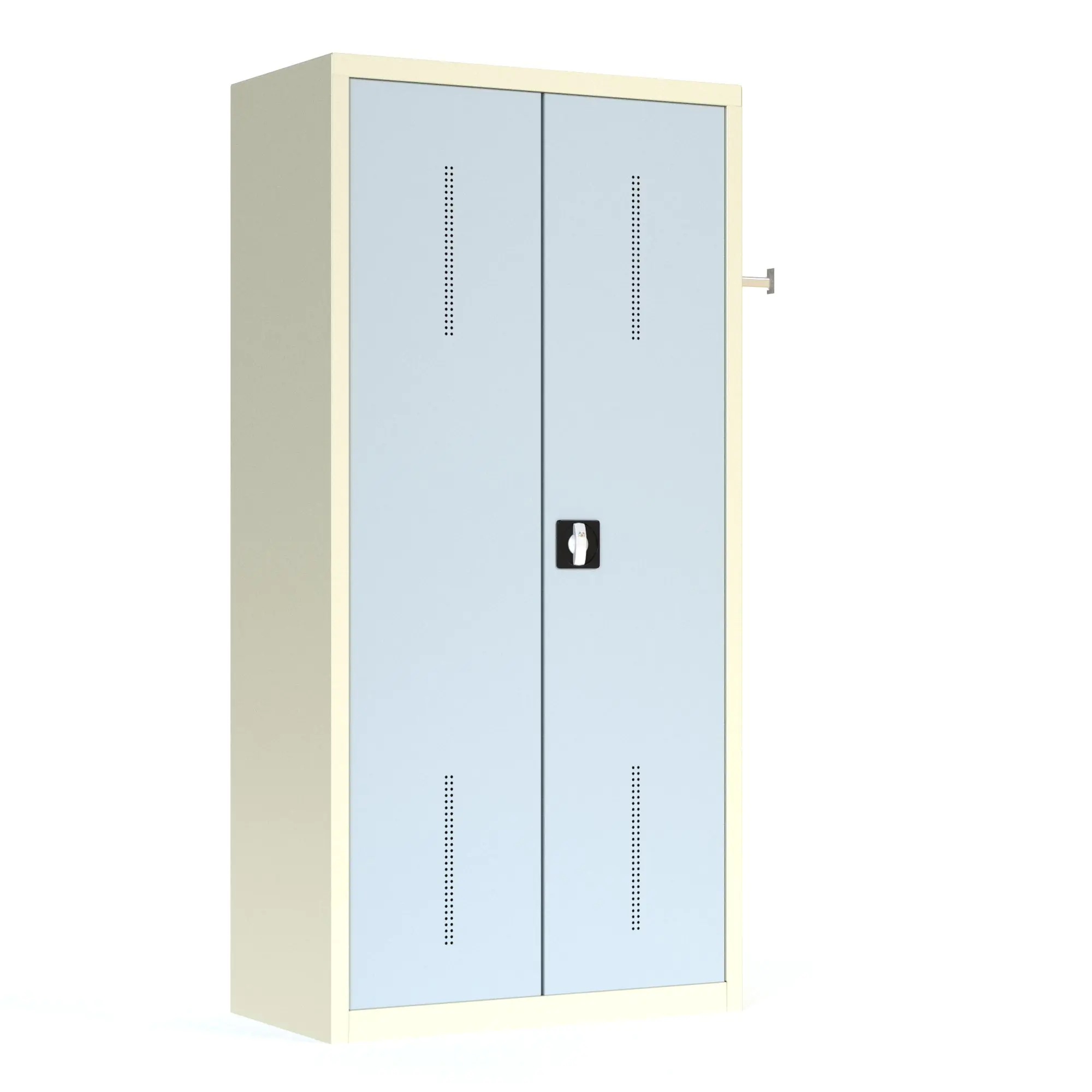 Garderobenschrank aus Stahl, 195 cm hoch,  95x50 cm (B/T), 1 Kleiderstange, 14 Haken aus der Kategorie Garderoben Schränke STAHL