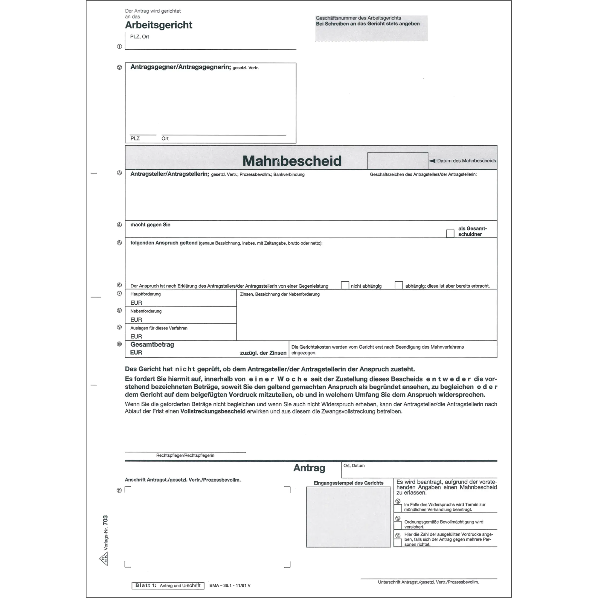 RNK Mahnbescheid Arbeitsgericht A4 sd aus der Kategorie Formulare