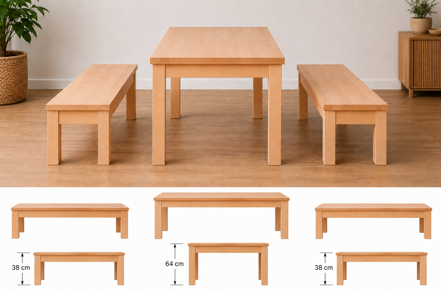 Set 1 Tisch und 2 Bänken aus Buche Massivholz Tisch B/HT 180x64x60 cm, Bank B/H/T 180x38x30 cm aus der Kategorie Sitz-Tisch-Kombinationen