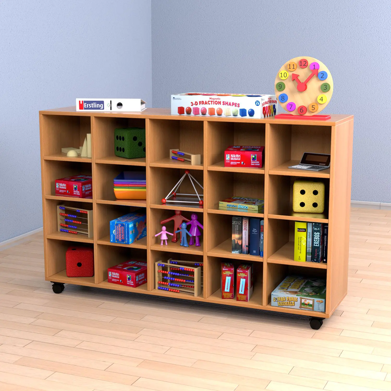 Klassenraumregal,  98 cm hoch, 162x40 cm (B/T), 20 Fächer, 5-spaltig aus der Kategorie Klassenraumregale HOLZ