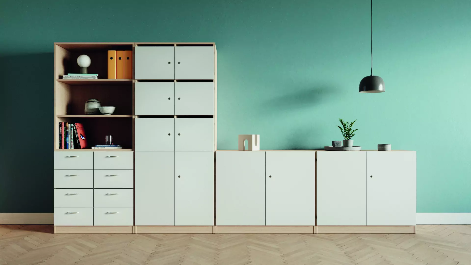 Schrankwand B/H/T 320x190x40 cm, besteht aus 4 Unterschränken und 2 Aufsätzschränken aus der Kategorie Büroschränke