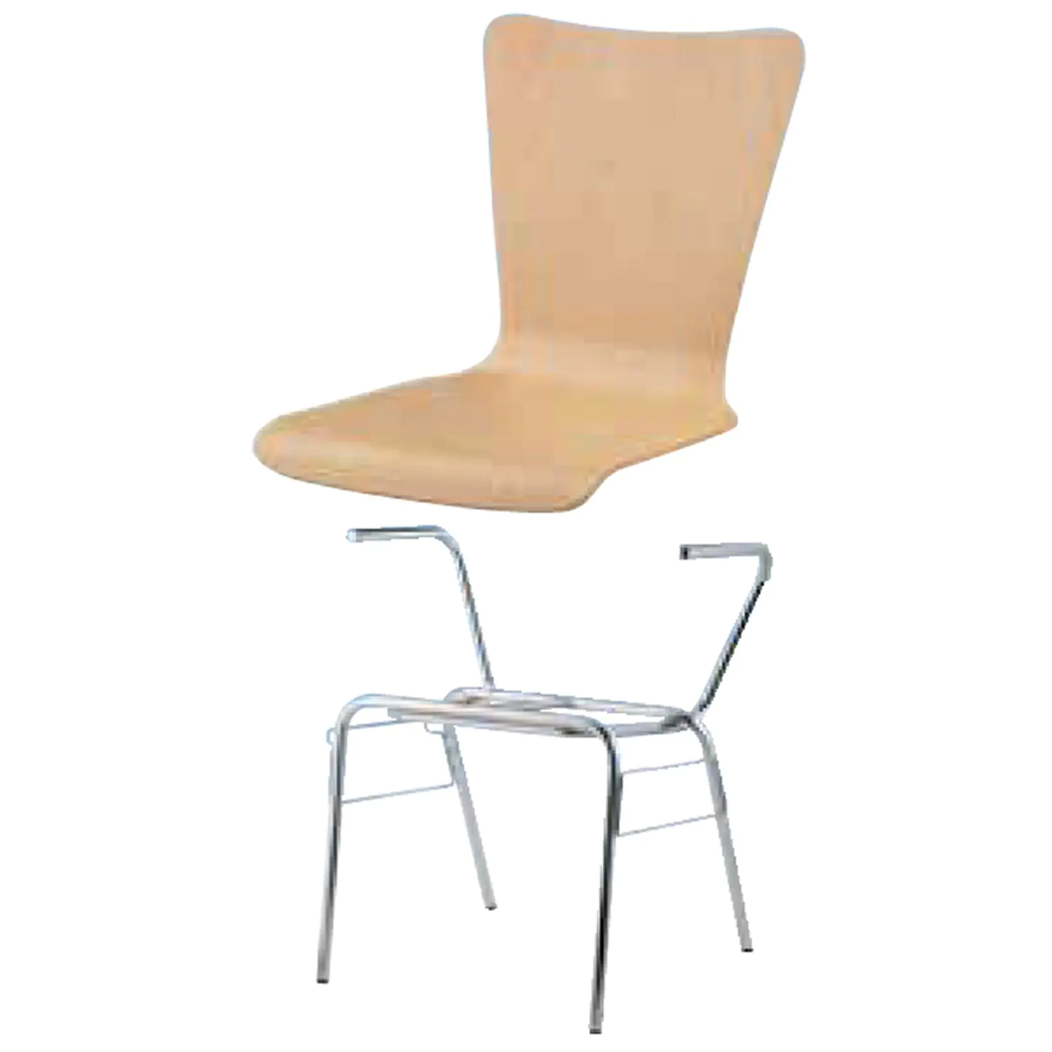 Holz-Schalenstuhl, Gestell 4-Fuß, Chrom, mit Armlehne, aus der Kategorie Gestell Metall/Chrom - Schale Holz