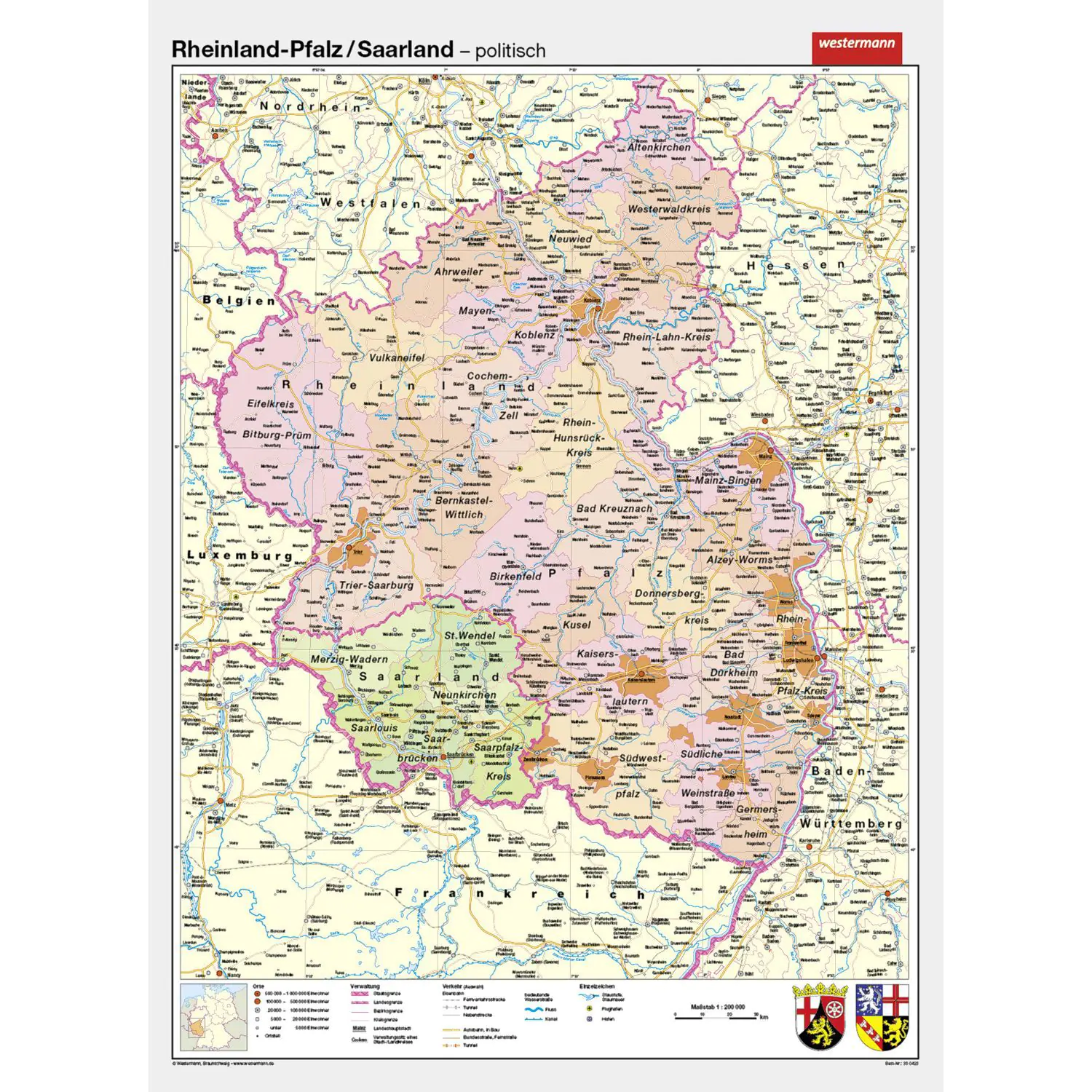 Wandkarte Rheinland-Pfalz/Saarland, phys.(Vorderseite), polit.(Rückseite), 147x202cm aus der Kategorie Wandkarten Bundesländer