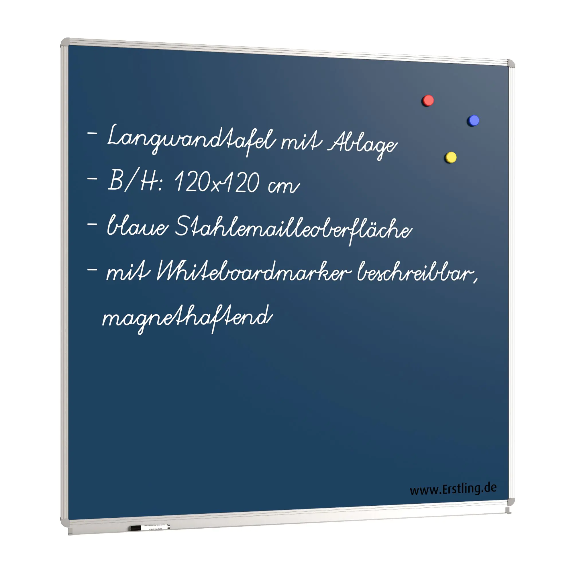 Wandtafel Stahlemaille blau, 120x120 cm, mit durchgehender Ablage, aus der Kategorie Wandtafeln Blau