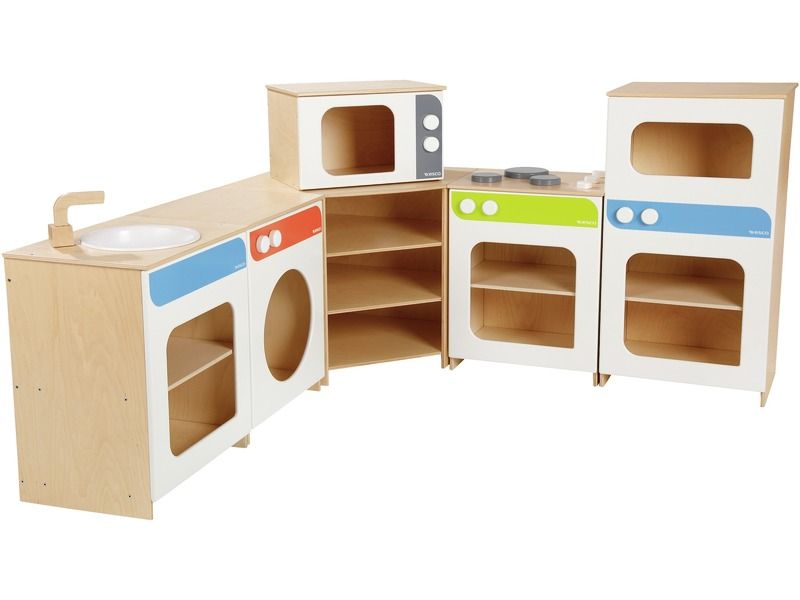 Eckküche mehrfarbig,  1 Kochherd, 1 Spülbecken, 1 Waschmaschine, 1 Kühlschrank, 1 Mikrowelle, 1 Ecke aus der Kategorie Küchen