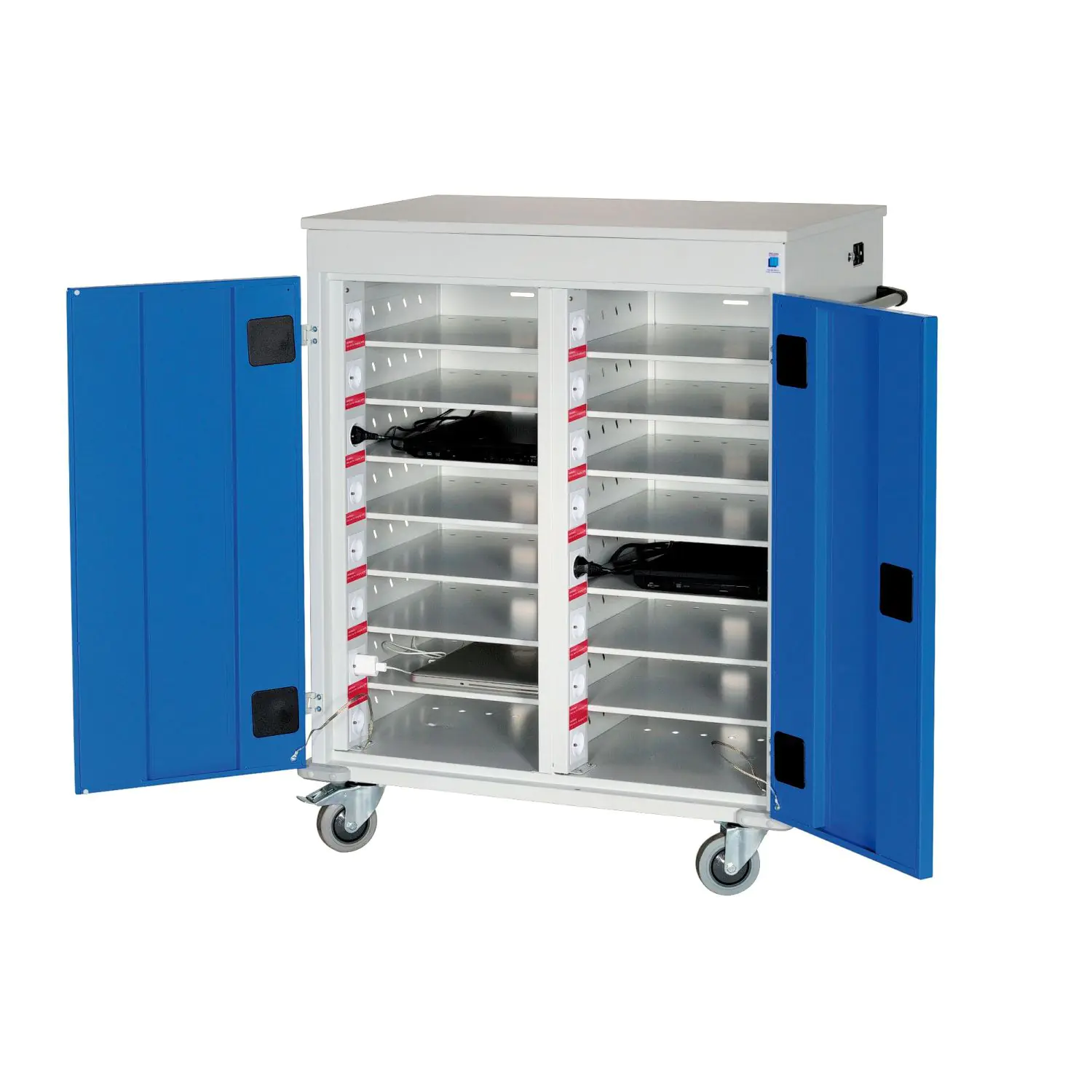 Notebook-Ladestation, 125 cm hoch,  53x50 cm (B/T), fahrbar, Korpus aus Stahl, aus der Kategorie Notebookschränke