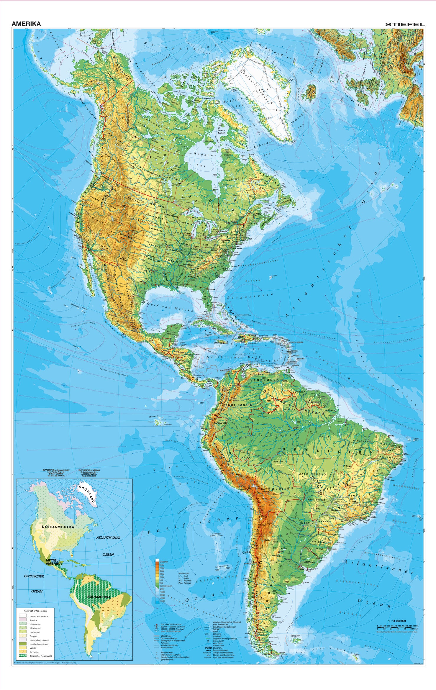 Wandkarte Amerika, Nord/Süd, physisch, 120x180 cm, aus der Kategorie Alle Produkte