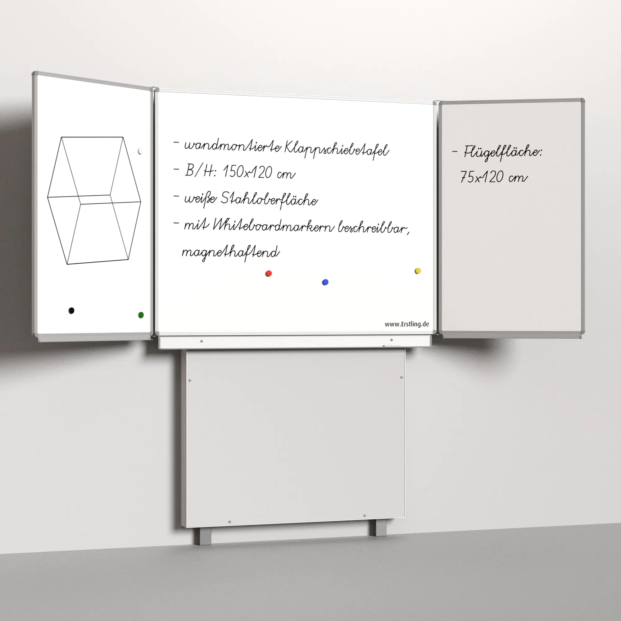 Klapp-Schiebetafel wandmontiert, mit Fuß, Mittelfläche 150x120 cm, Stahl weiß aus der Kategorie wandmontierte Klapp-Schiebe-Tafeln