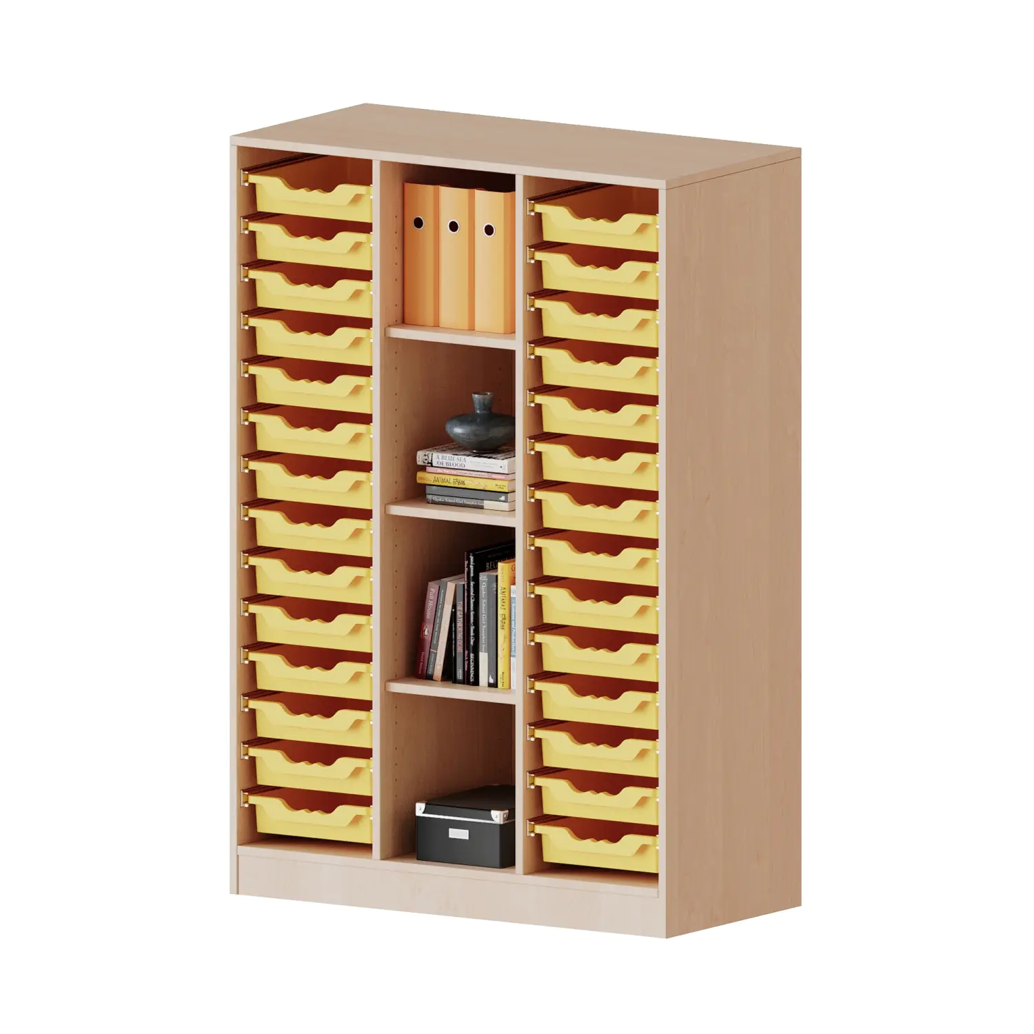 ErgoTray Regal, 3reihig, 4 OH, rechts+links je 14 flache Boxen, 4 Fächer mittig, B/H/T104,5x154x40cm aus der Kategorie Klassenraumregale