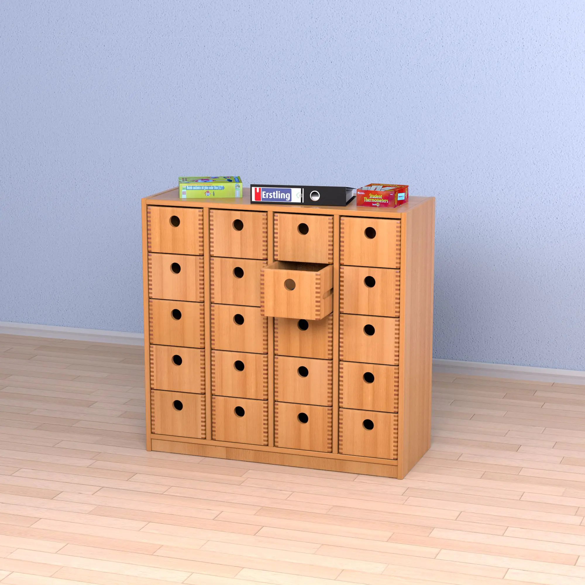 Schrank mit 20 Massivholzkästen,  98 cm hoch, 100x40 cm (B/T), aus der Kategorie -Schränke mit Massivholzkästen