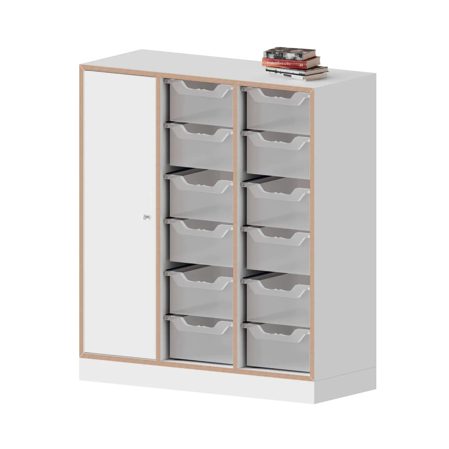 qickly® Schrank, 3 OH, 1 Tür mit Schloss, 12 große Ergo Tray Boxen, B/H/T: 104,2x110,5x42,6 cm aus der Kategorie Schränke Schnelllieferprogramm