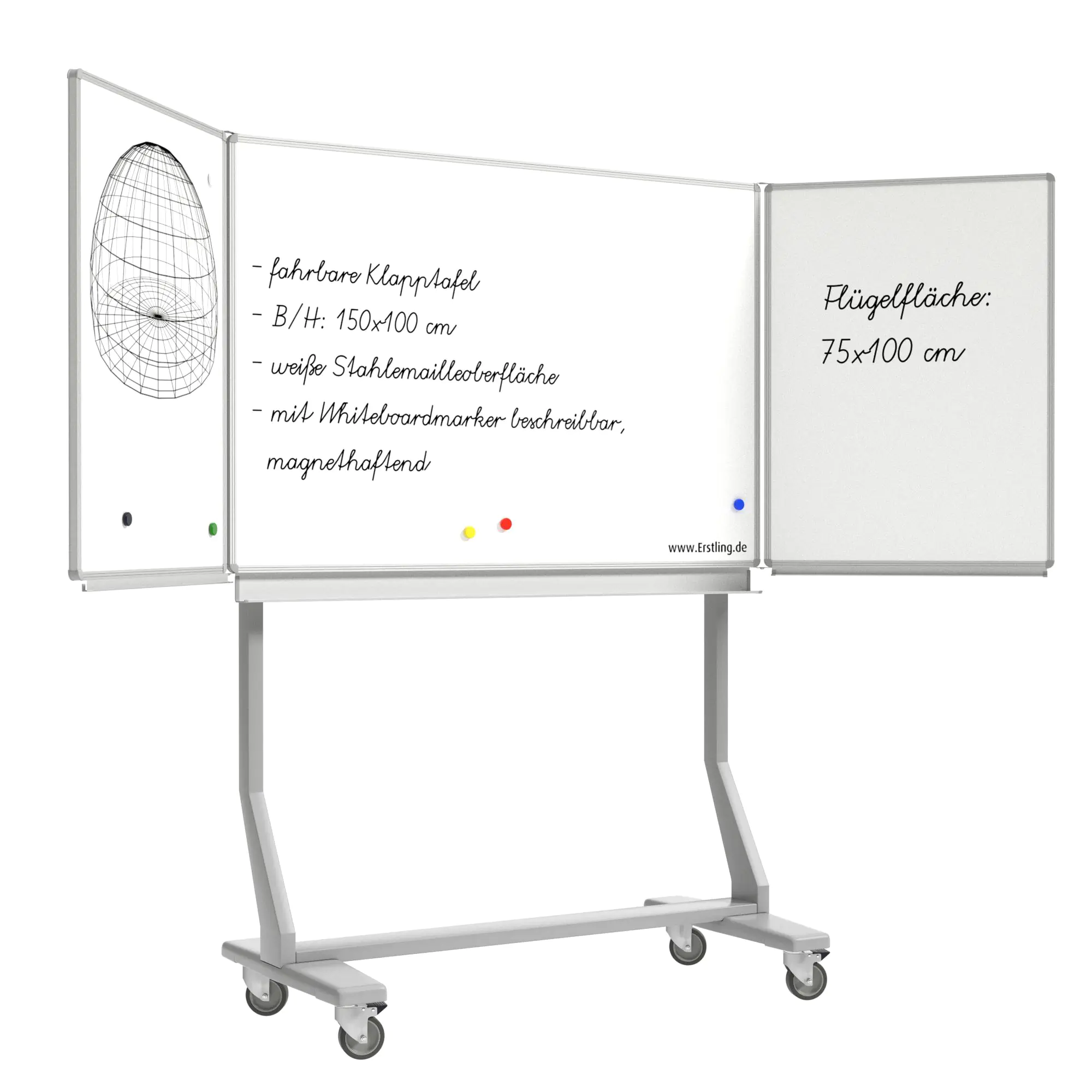 Klapp-Tafel fahrbar, Mittelfläche 150x100 cm, Flügel  75x100 cm, Stahlemaille weiß, aus der Kategorie fahrbare Klapp-Tafeln