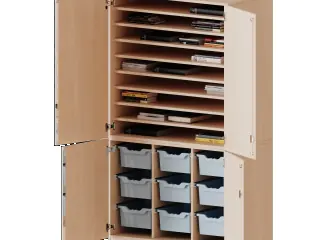 Bastelschrank, 5 OH, 4-türiger Schrank mit 9 hohen Boxen, zweiteilig, B/H/T 104,5x190x65cm aus der Kategorie Papierschränke