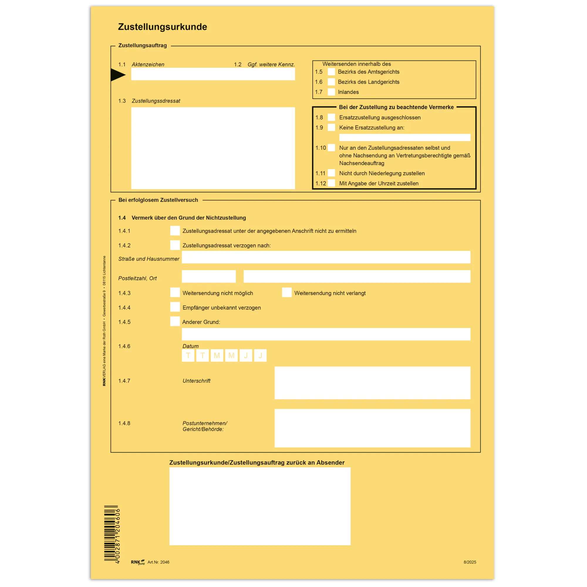 RNK Zustellungsurkunde DIN A4 2Seiten 80g aus der Kategorie Formulare