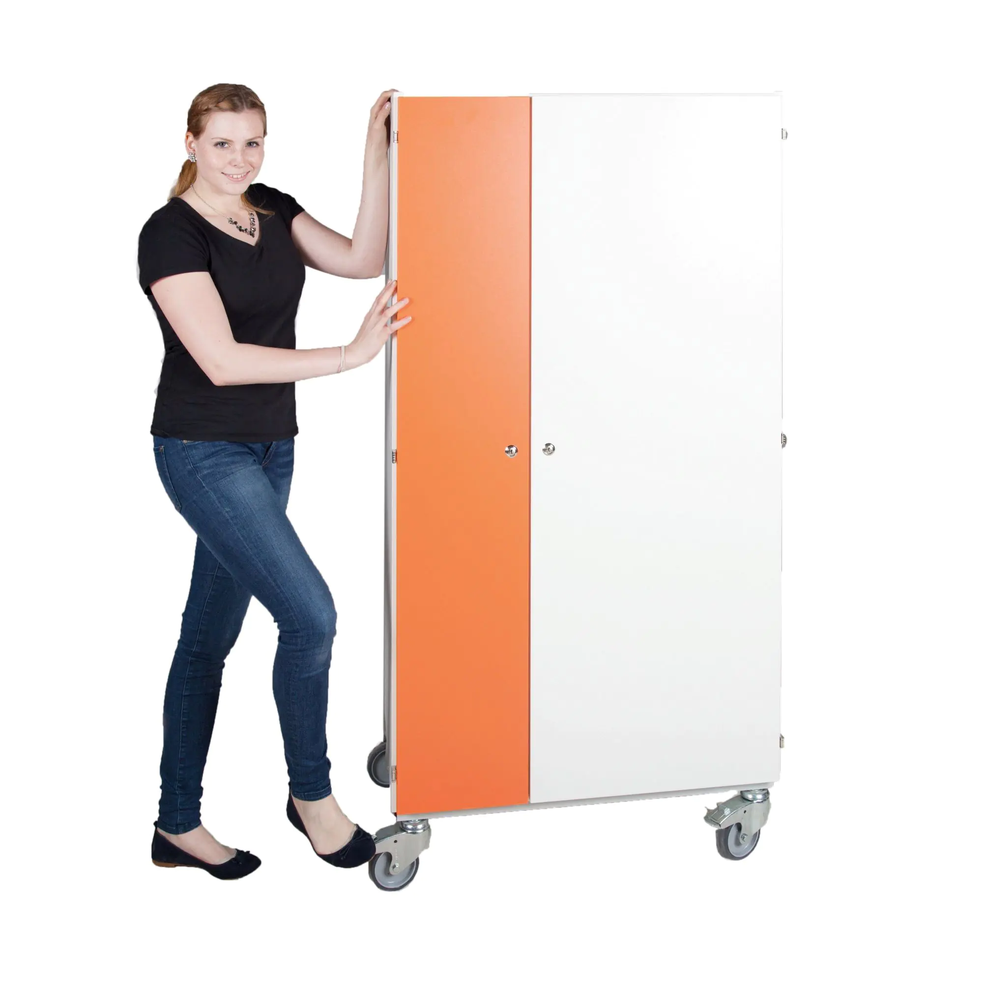 Notebook-Ladestation, 150 cm hoch,  80x50 cm (B/T), kleine farbig.Tür rechts,fahrbar aus der Kategorie Notebookschränke