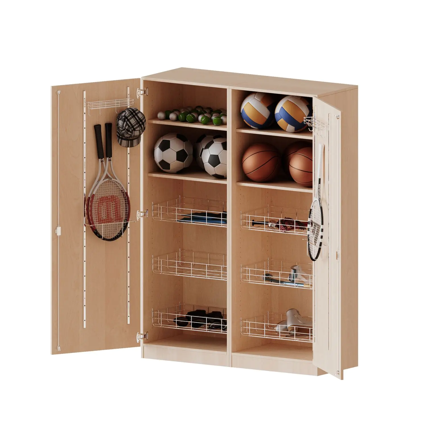 Sportschrank, 5 OH, 6 Ballkörbe, Halterungen an den Türen, B/H/T 140,6x190x60cm aus der Kategorie Fachbereichsschränke