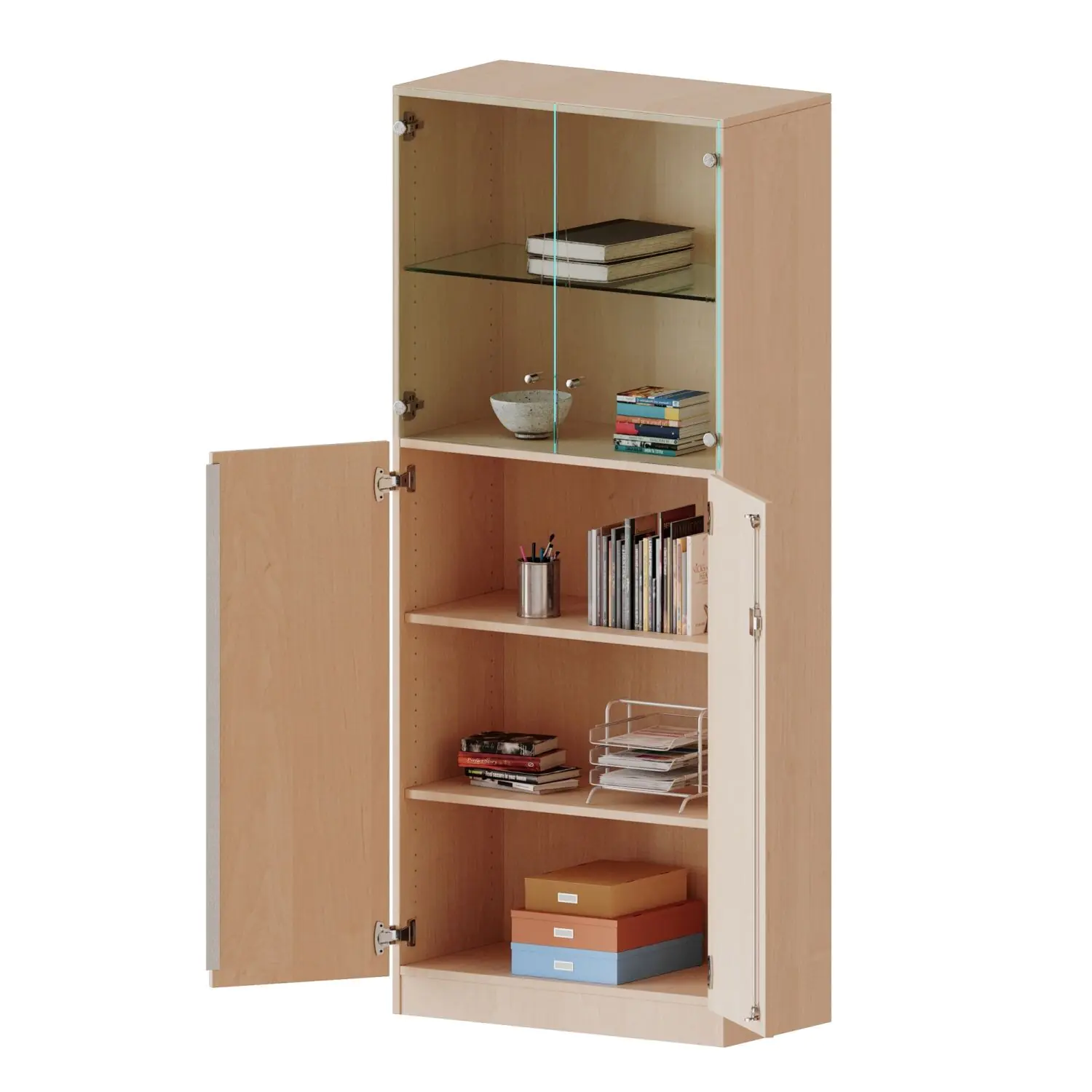 Schrank, 5 OH, Türen unten (3OH), oben 2 Vitrinentüren 2 Türen, abschließbar, B/H/T 80x190x40cm aus der Kategorie Schränke allgemein