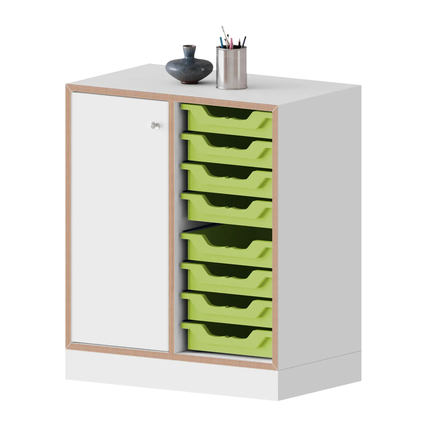 qickly® Schrank, 2 OH, 1 Tür links mit Schloss, 8 kleine Ergo Tray Boxen, B/H/T: 70,1x74,3x42,6 cm aus der Kategorie Schränke Schnelllieferprogramm