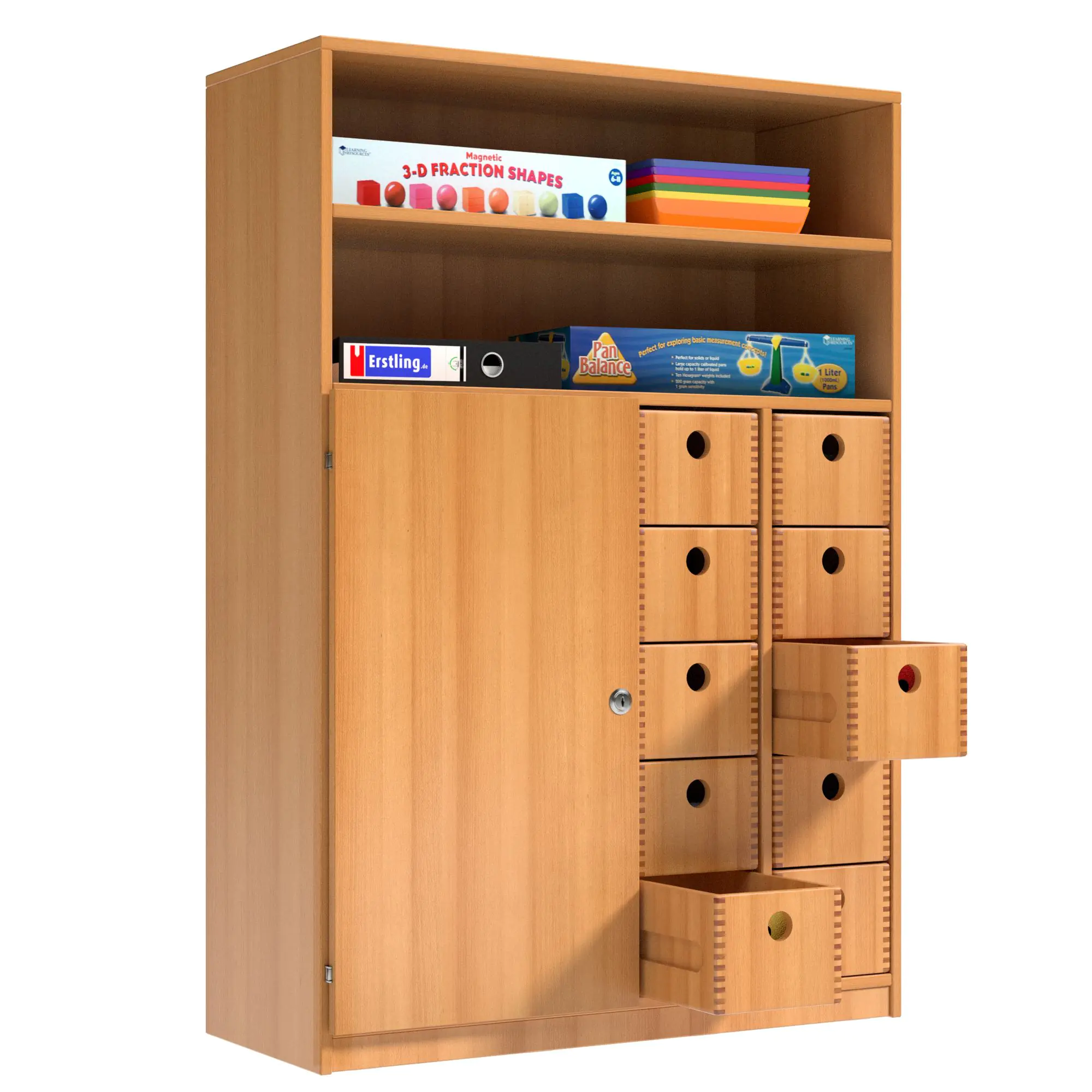 Schrank mit 10 Massivholzkästen, 144 cm hoch, 100x40 cm (B/T), Regalaufsatz, Tür aus der Kategorie -Schränke mit Massivholzkästen
