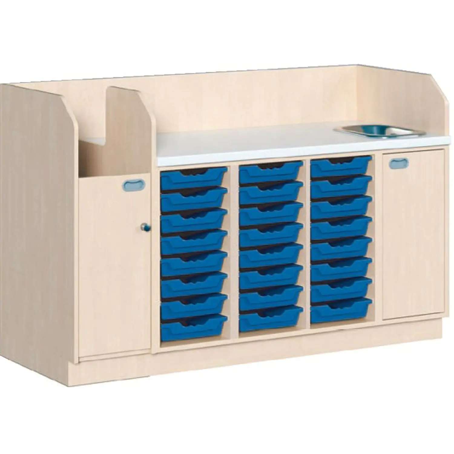 Wickelkommoden mit fester Anstelltreppe links, 24 flachen ErgoTray Boxen aus der Kategorie Wickeltische