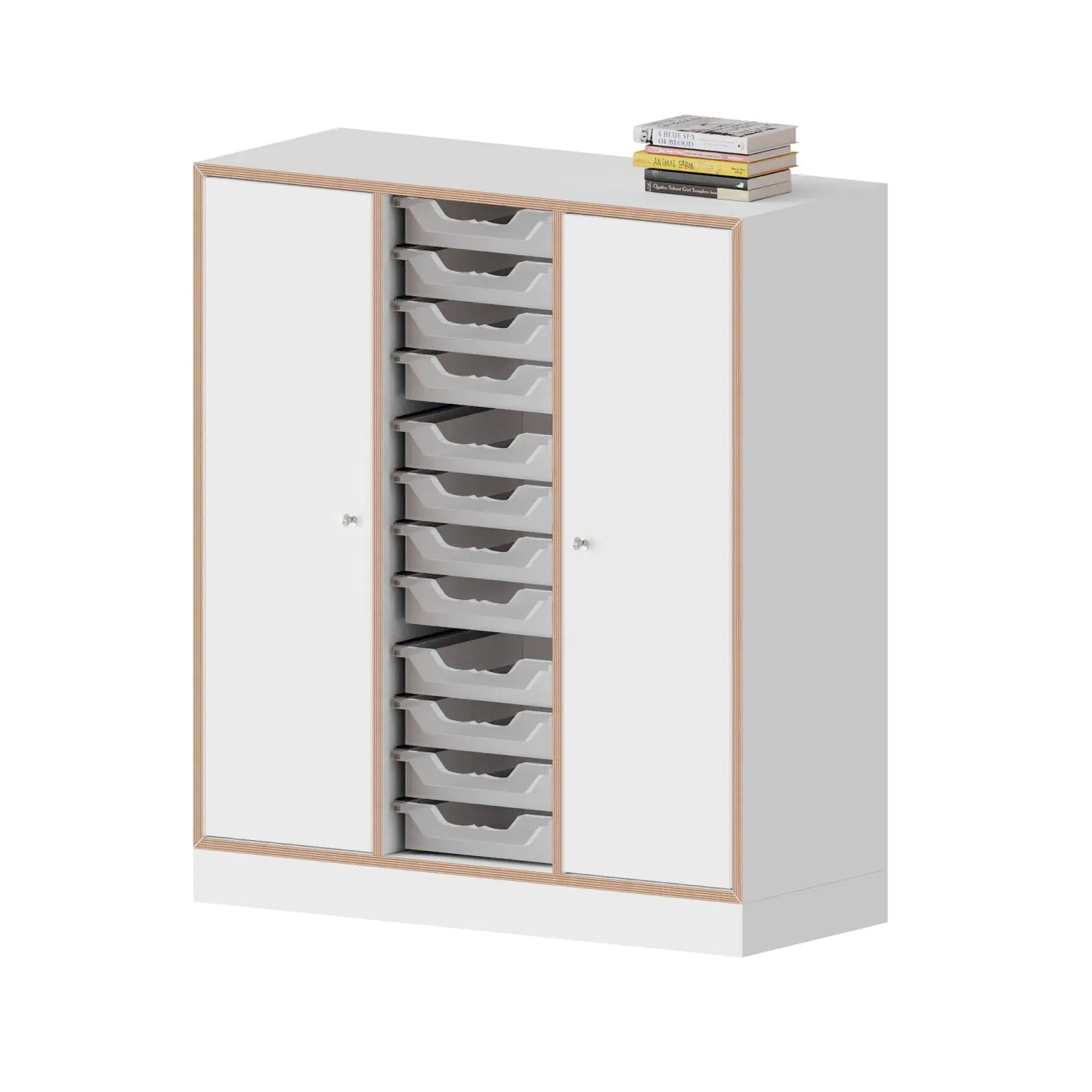 qickly® Schrank, 3 OH, 2 Türen mit Schloss, 12 kleine Ergo Tray Boxen, B/H/T: 104,2x110,5x42,6 cm aus der Kategorie Schränke Schnelllieferprogramm