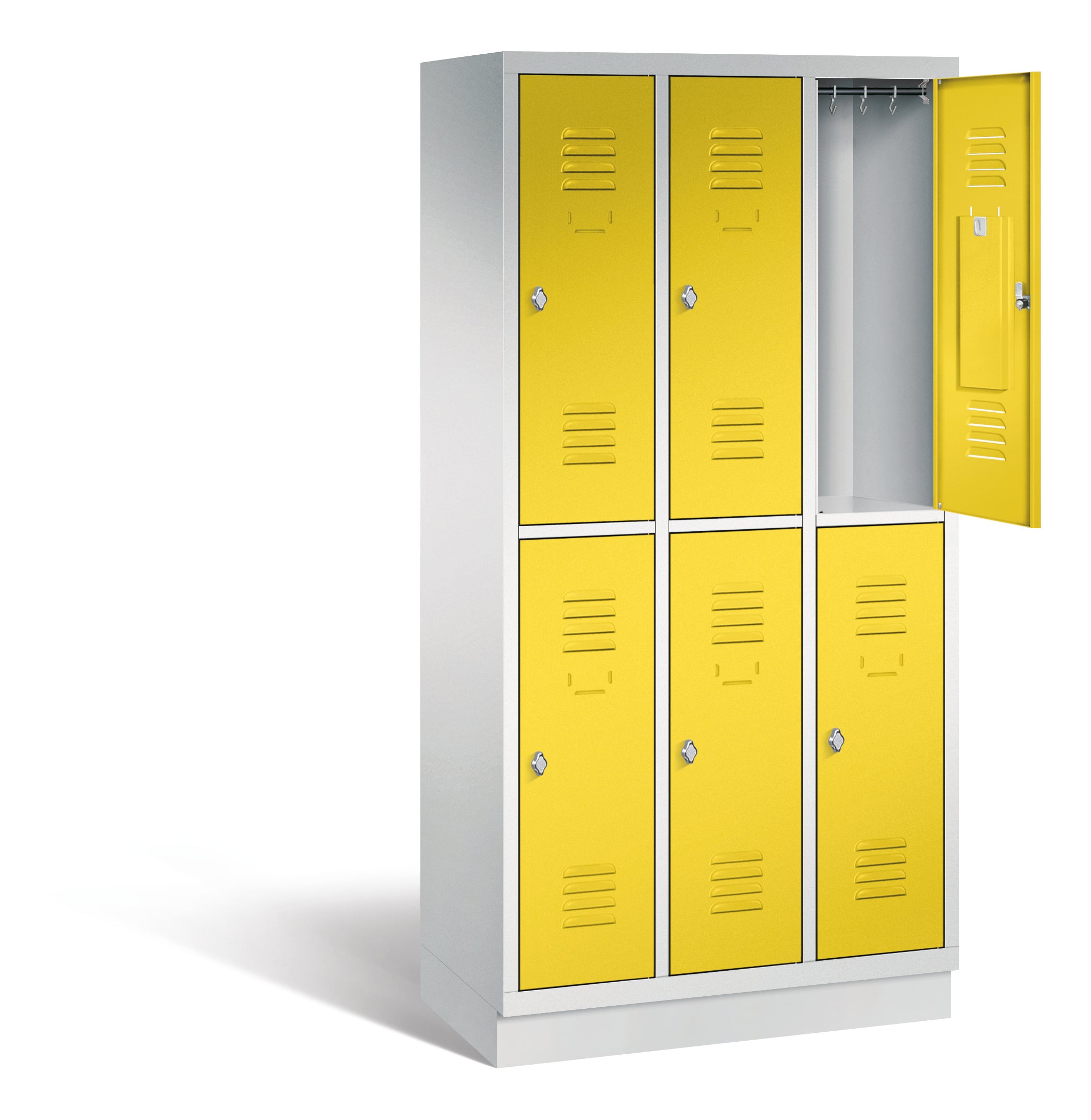 Doppelstöckiger Garderobenschrank B/H/T 92,5 x 180 x 50 cm, Stahlsockel, 4 Abteile (2x2) aus der Kategorie Garderoben Schränke STAHL