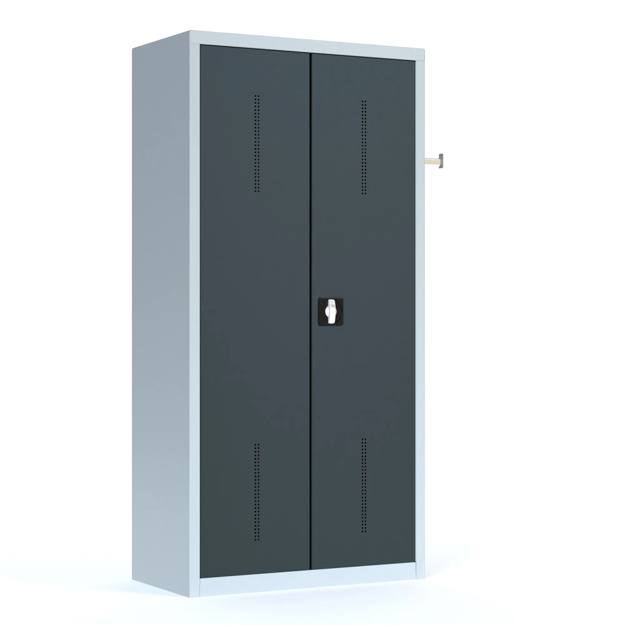 Garderobenschrank aus Stahl, 195 cm hoch,  95x50 cm (B/T), 1 Kleiderstange, 14 Haken aus der Kategorie Garderoben Schränke STAHL