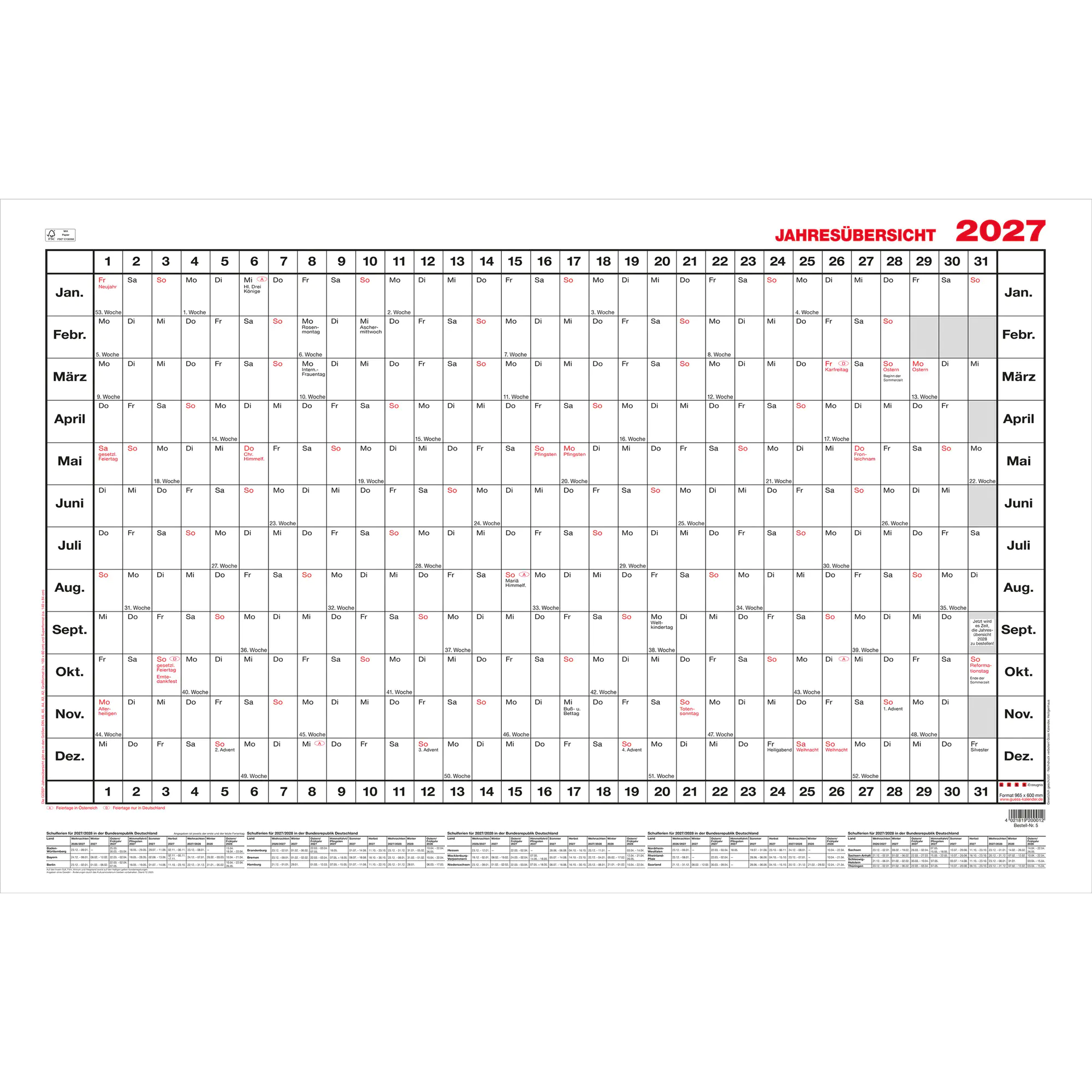 Güss Jahresübersicht 2027 A2 60x0cm schwarz/rot aus der Kategorie Tischkalender