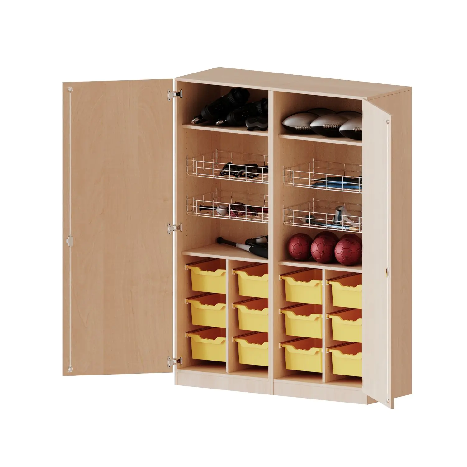 Sportschrank, 5 OH, 4 Ballkörbe, Halterungen an den Türen, 12 hohe Boxen, B/H/T 140,6x190x60cm aus der Kategorie Schränke