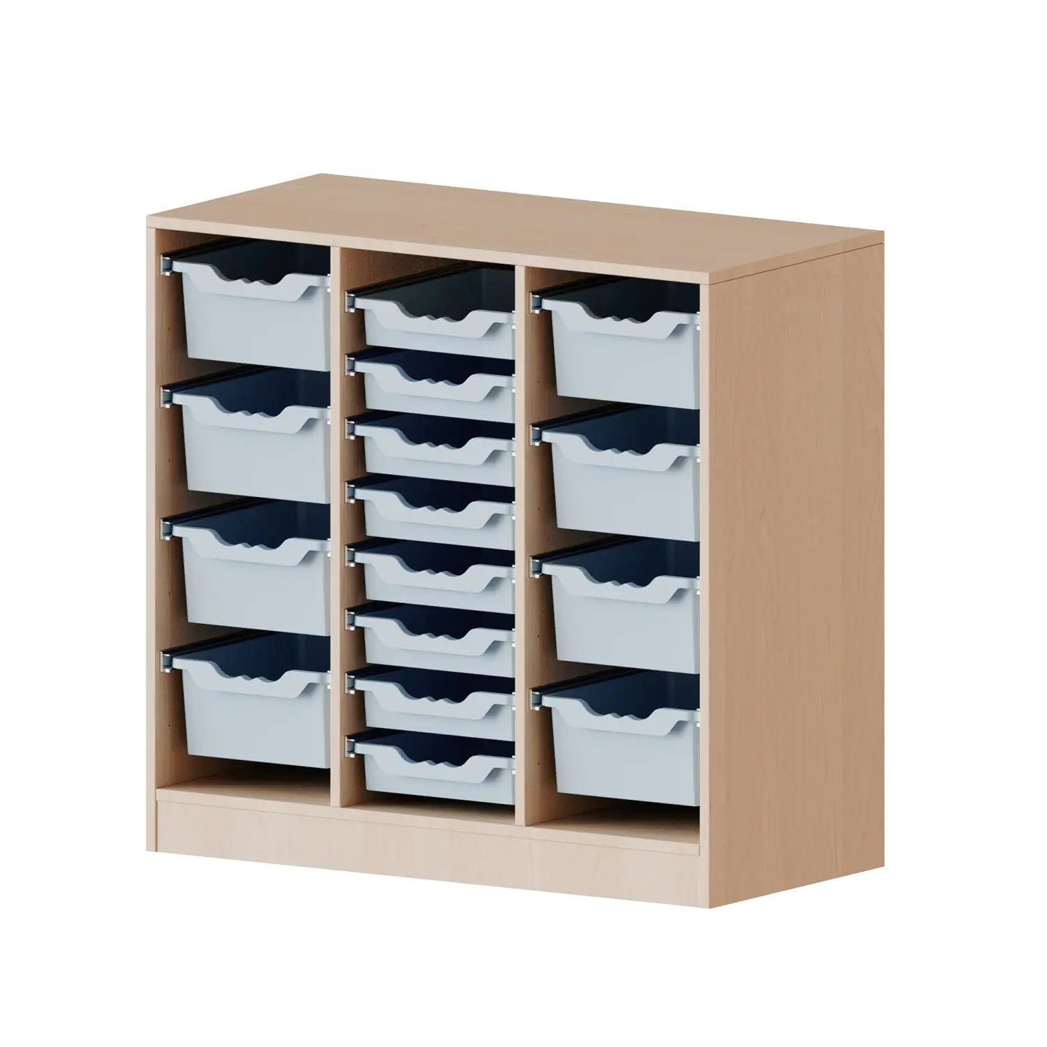 ErgoTray Regal, 3reihig, 2,5 OH, rechts+links je 4 hohe, mittig, 8 flache Boxen, B/H/T104,5x100x40cm aus der Kategorie Kita - & Schulmöbel