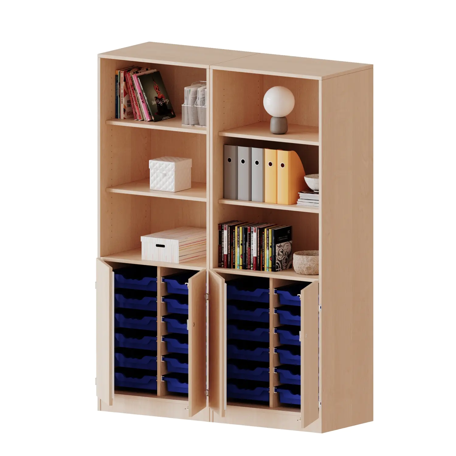 ErgoTray Schrank, 4reihig, 2OH unten Türen, 24 flache Boxen, oben 3OH Regal, B/H/T 140,6x190x50cm aus der Kategorie Klassen- und Schulschränke