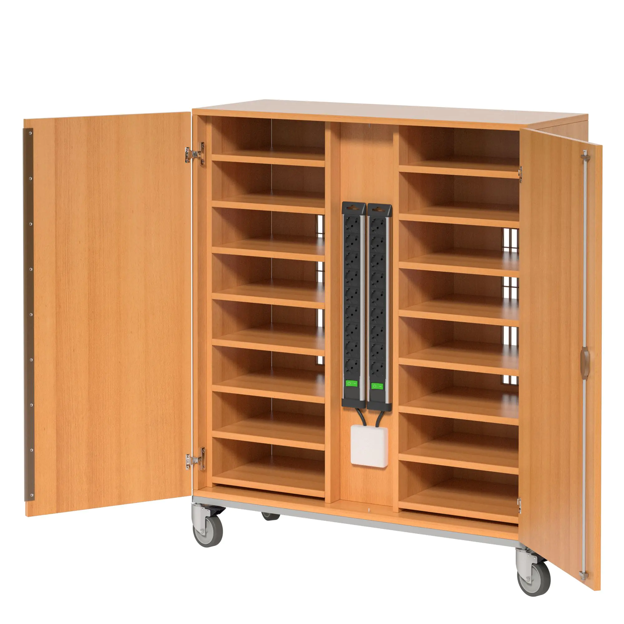 Notebook-Ladestation, 125 cm hoch, 110x42 cm (B/T), fahrbar, aus der Kategorie Notebookschränke