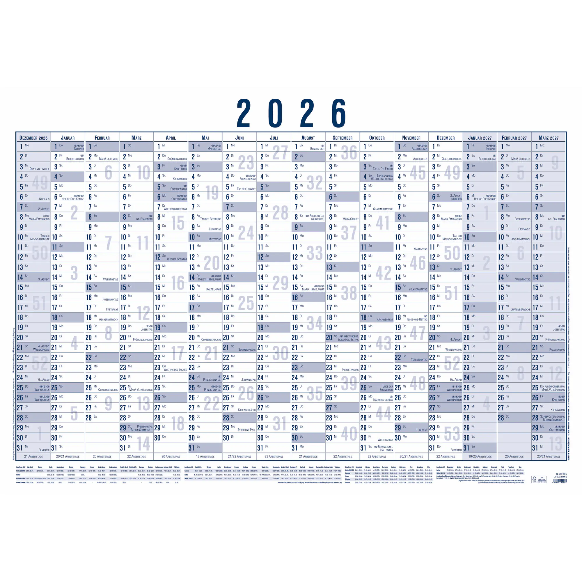 Zettler Plakatkalender 16M/1S gerollt 5St aus der Kategorie Tischkalender