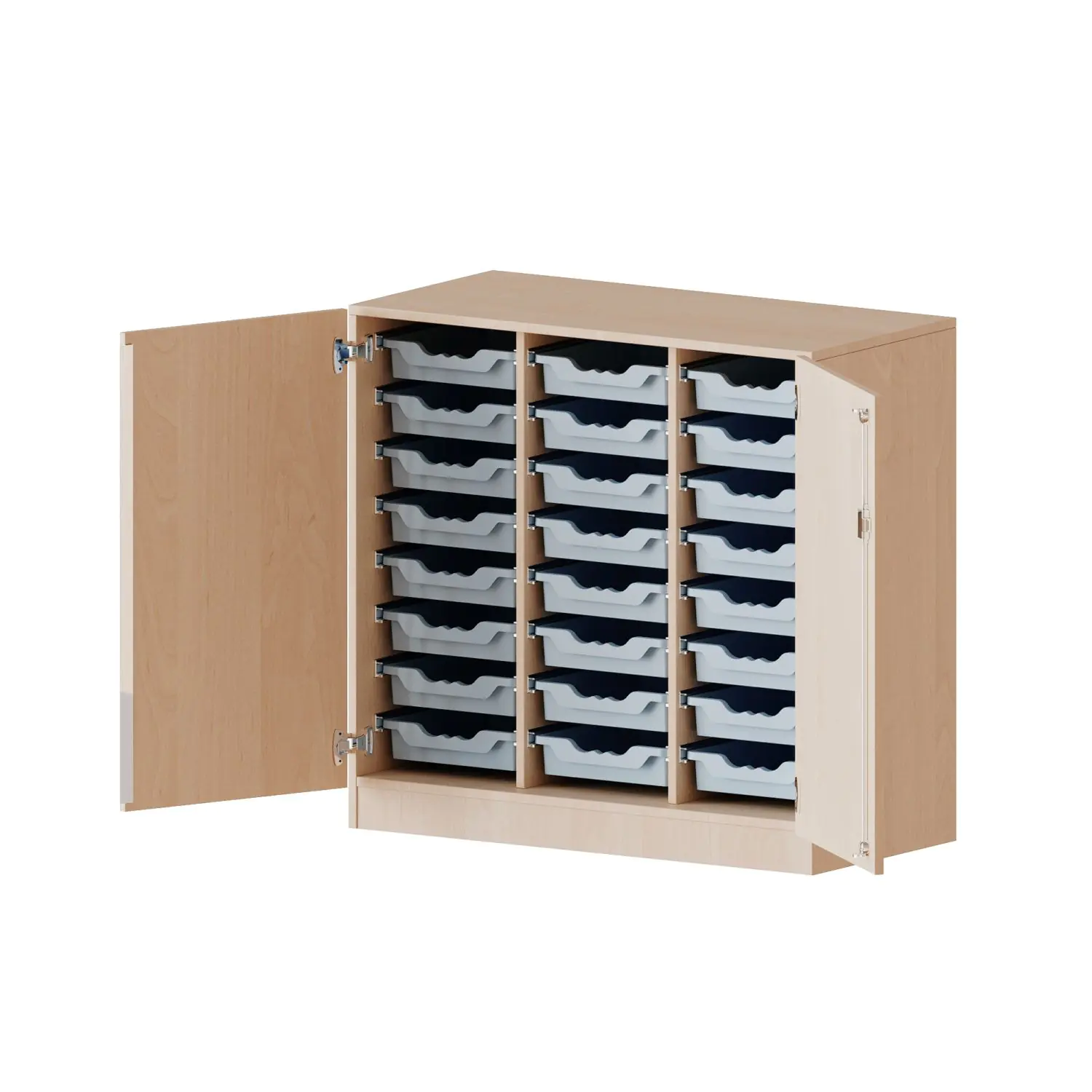 ErgoTray Schrank, 3reihig, 2,5 OH, zweitürig, fahrbar, mit 24 flachen Boxen, B/H/T 104,5x100x50cm aus der Kategorie Klassen- und Schulschränke