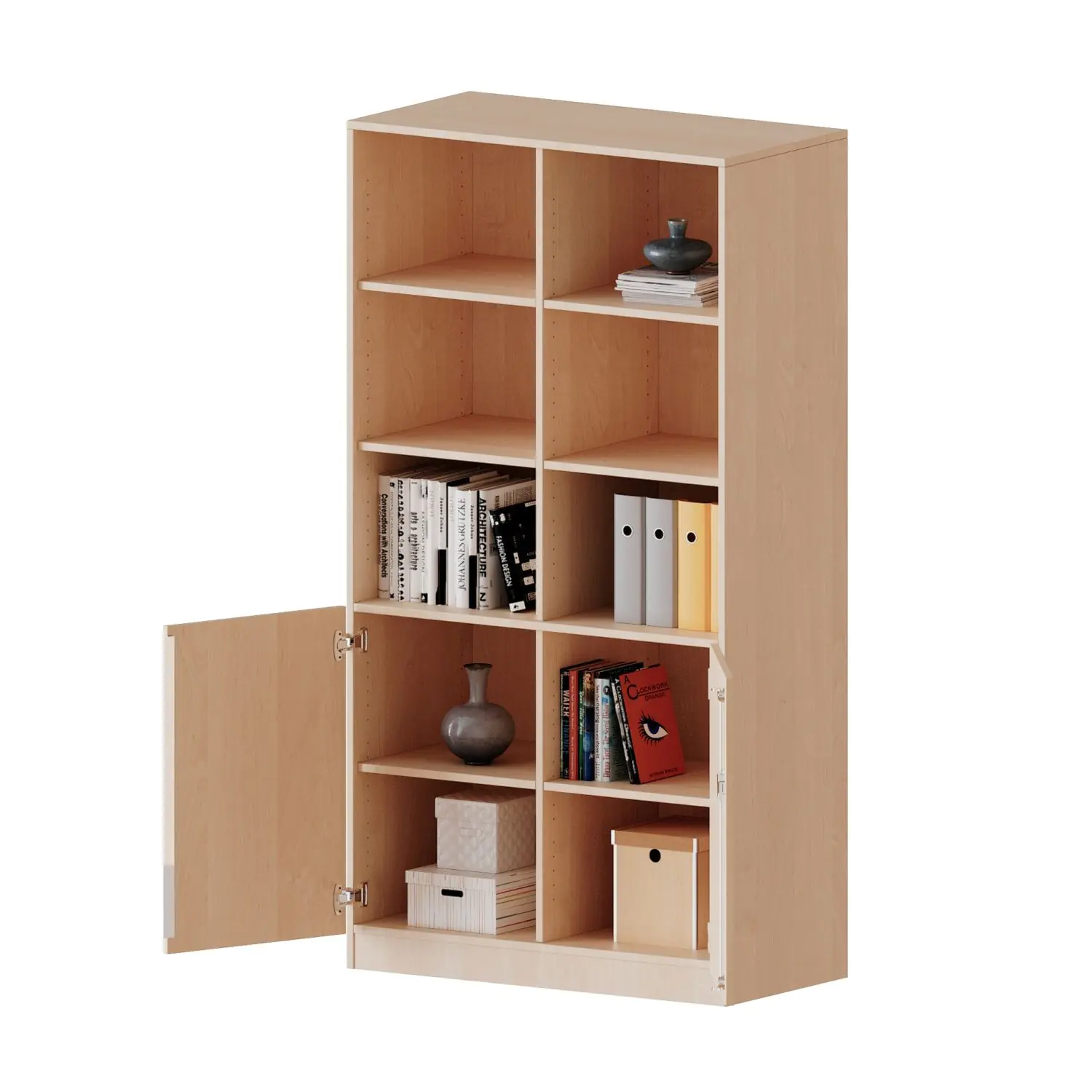 Schrank, 5 OH, Türen unten (2OH), oben 3 offene Fächer 2 Türen, abschließbar, B/H/T 120x190x50cm aus der Kategorie Klassen & Schulschränke