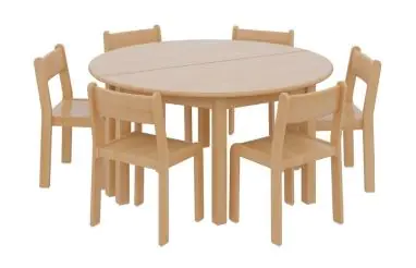 Tischset 2 Halbrundtischen 120 x 60 Höhe 59 cm und 6 Massivholzstühlen Sitzhöhe 35 cm aus der Kategorie Tische Allgemein