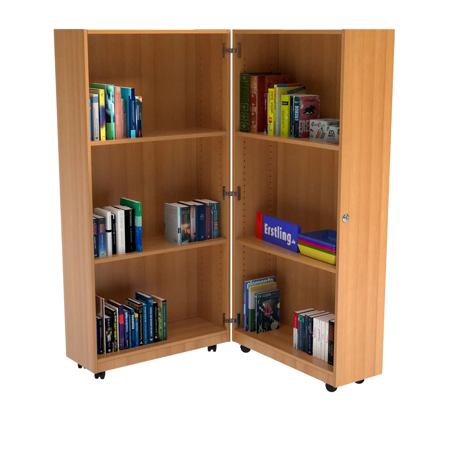 Klapp-Bibliotheks-Regal, 127 cm hoch, 80x64 cm (B/T), 6 Fächer, abschließbar aus der Kategorie Bibliotheksinseln
