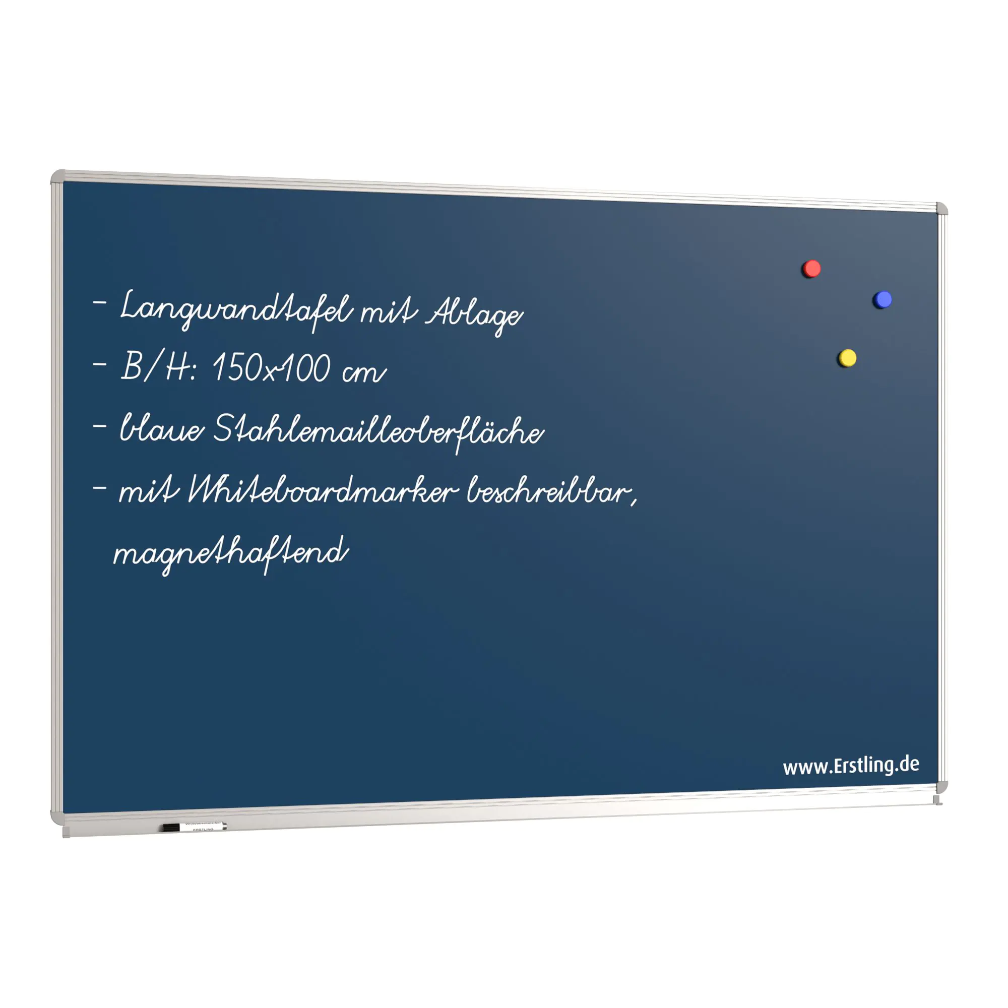 Wandtafel Stahlemaille blau, 150x100 cm, mit durchgehender Ablage, aus der Kategorie Wandtafeln Blau