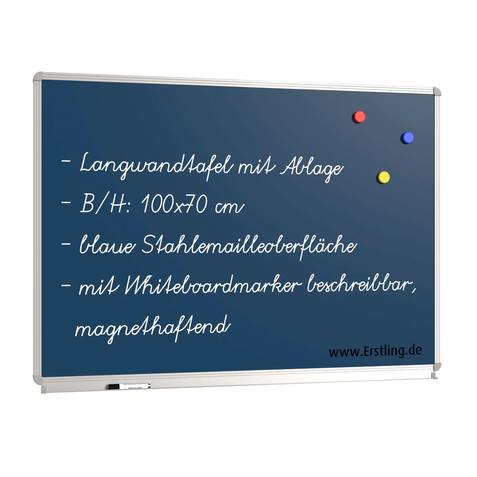 Wandtafel Stahlemaille blau, 100x 70 cm, mit durchgehender Ablage, aus der Kategorie Wandtafeln Blau