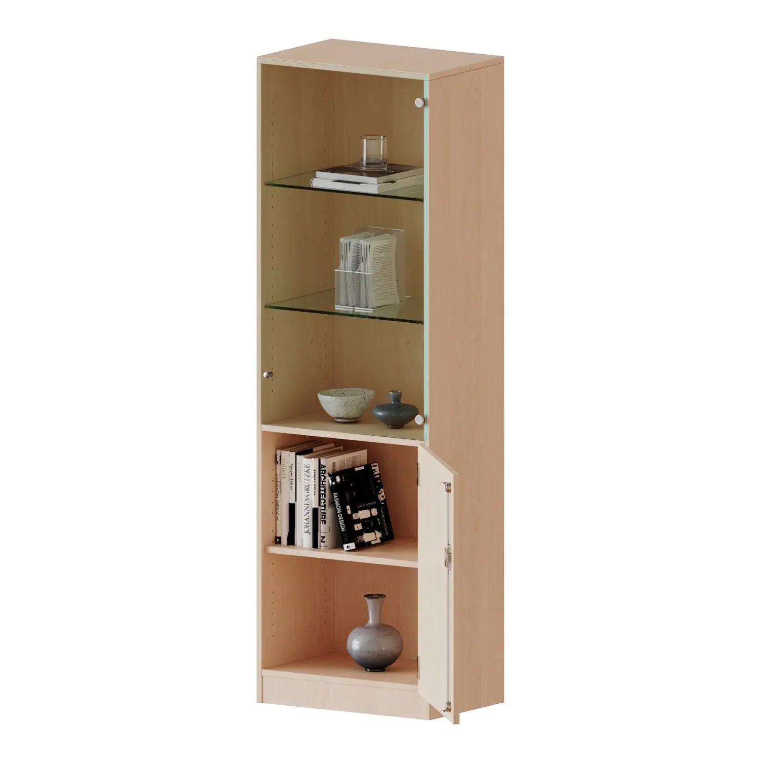 Schrank, 5 OH, Tür unten (2OH), oben 3 Vitrinentüren 1 Tür, abschließbar, links, B/H/T 60x190x60cm aus der Kategorie Schränke