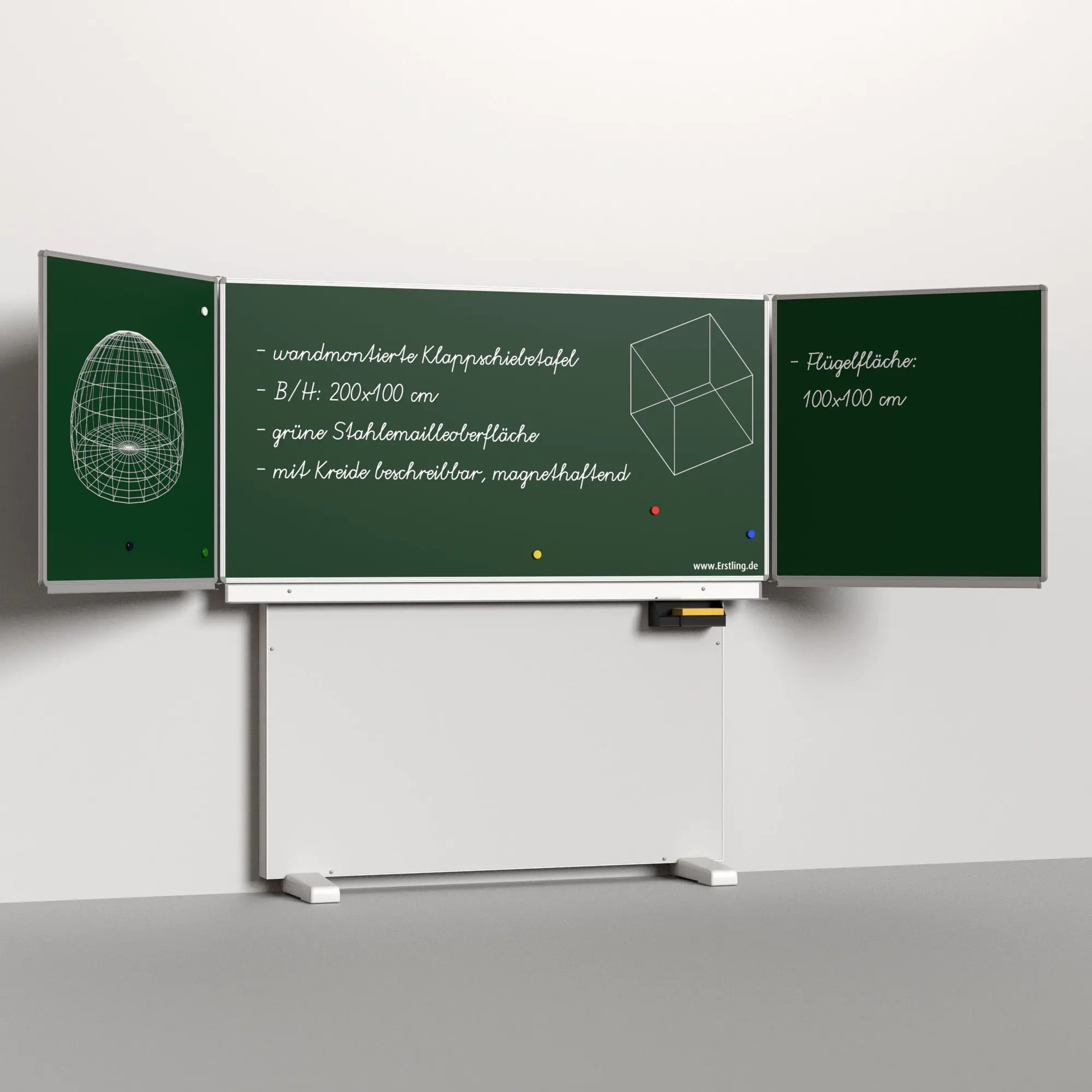 Klapp-Schiebetafel wandmontiert, Stellfuß, Mittelfläche 200x100 cm, Stahlemaille grün aus der Kategorie wandmontierte Klapp-Schiebe-Tafeln