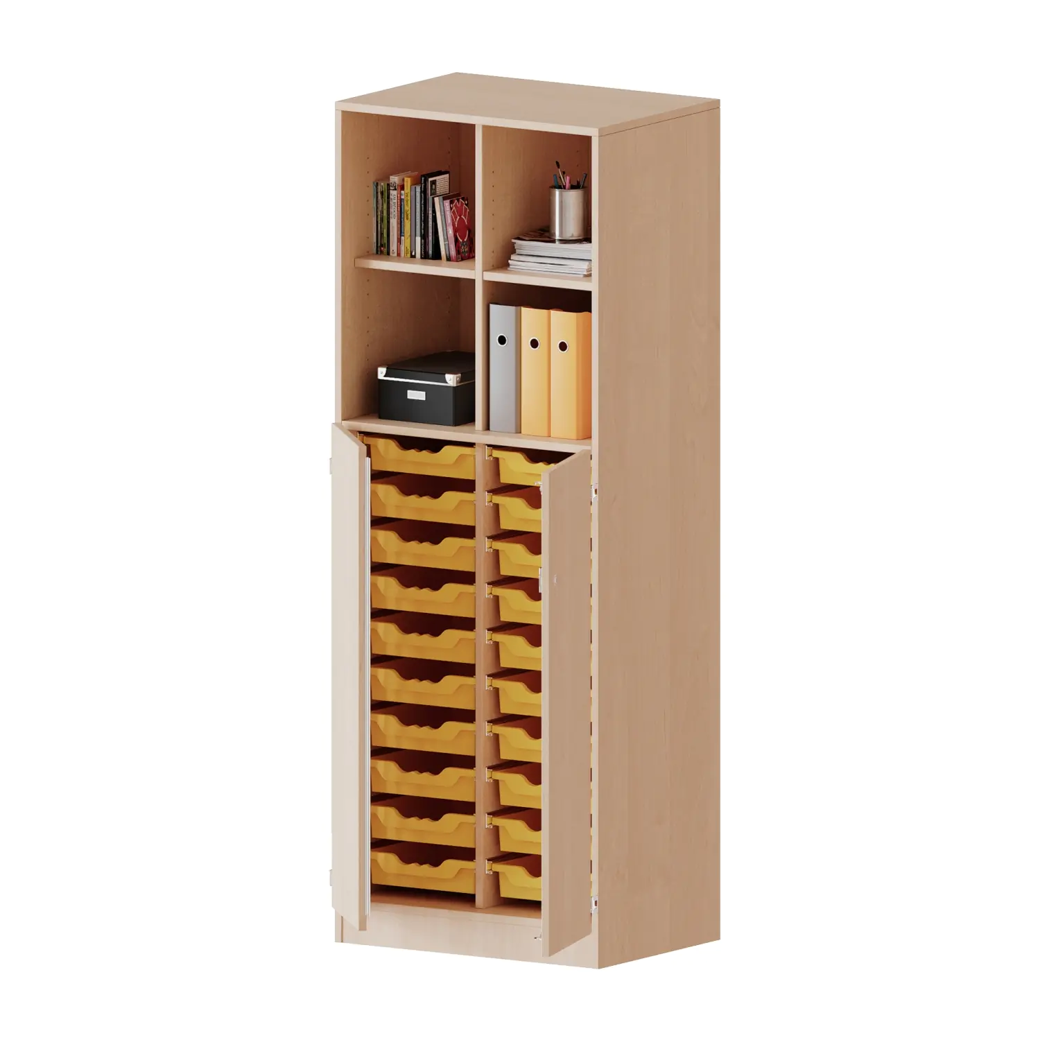 ErgoTray Kombi-Schrank, 2reihig, 3OH unten Türen, 20 flache Boxen, oben 2OH Regal,B/H/T70,3x190x50cm aus der Kategorie Klassen- und Schulschränke