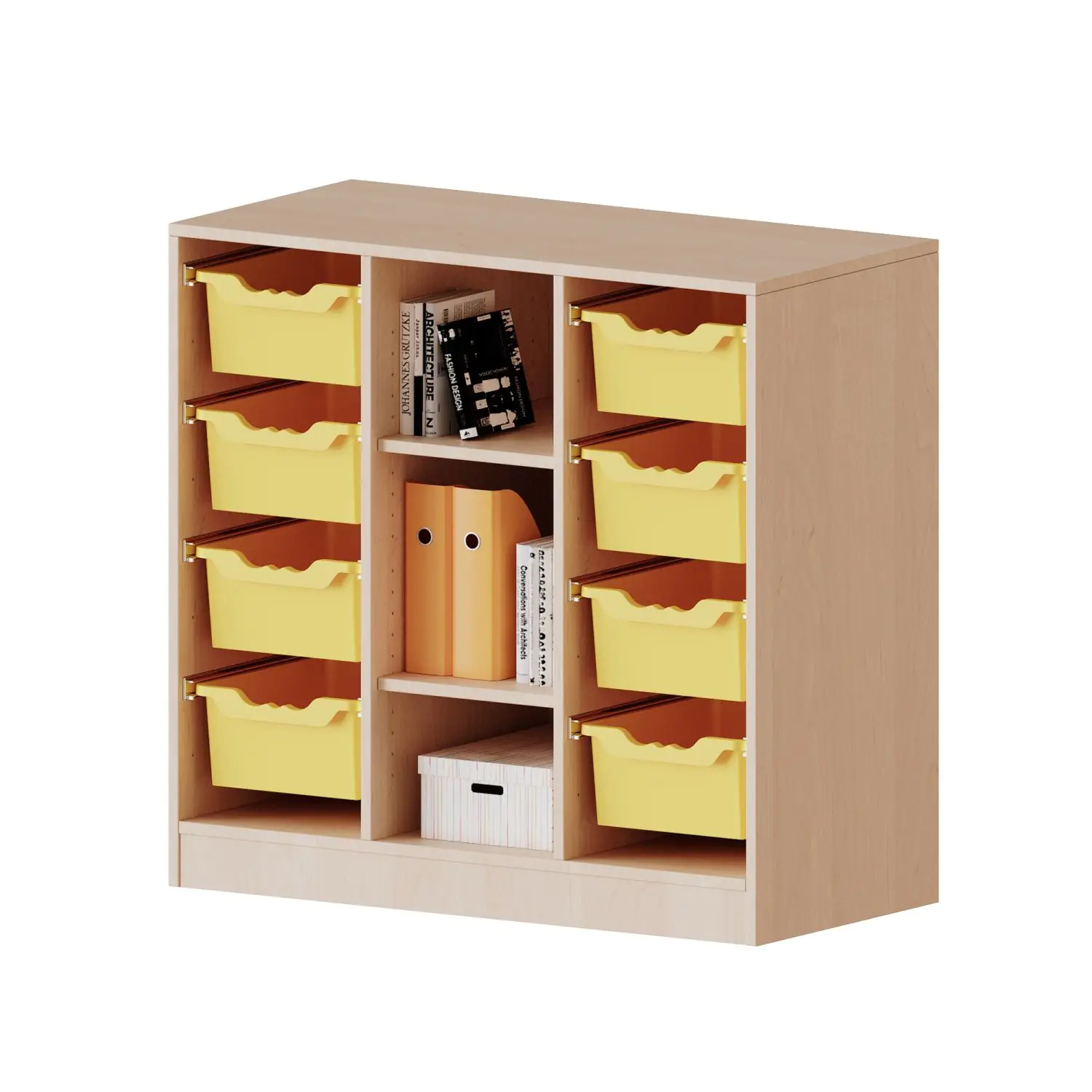 ErgoTray Regal, 3reihig, 2,5 OH, rechts+links je 4 hohe Boxen, 3 Fächer mittig, B/H/T104,5x100x40cm aus der Kategorie Kita - & Schulmöbel