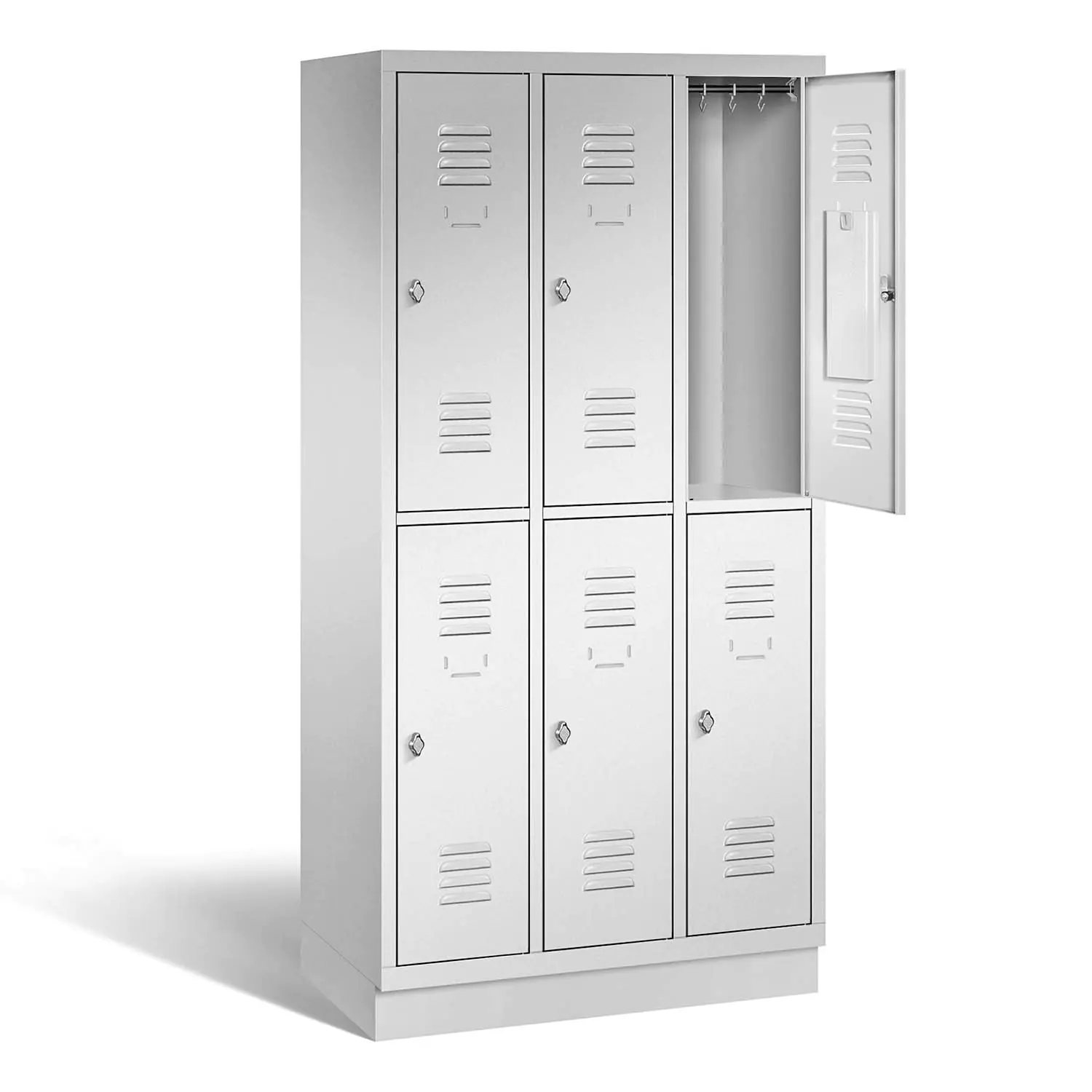 doppelstöckiger Garderoben-Schließfachschrank mit Stahlblechsockel, B/H/T 92,5x180x50 cm, 6 Fächer