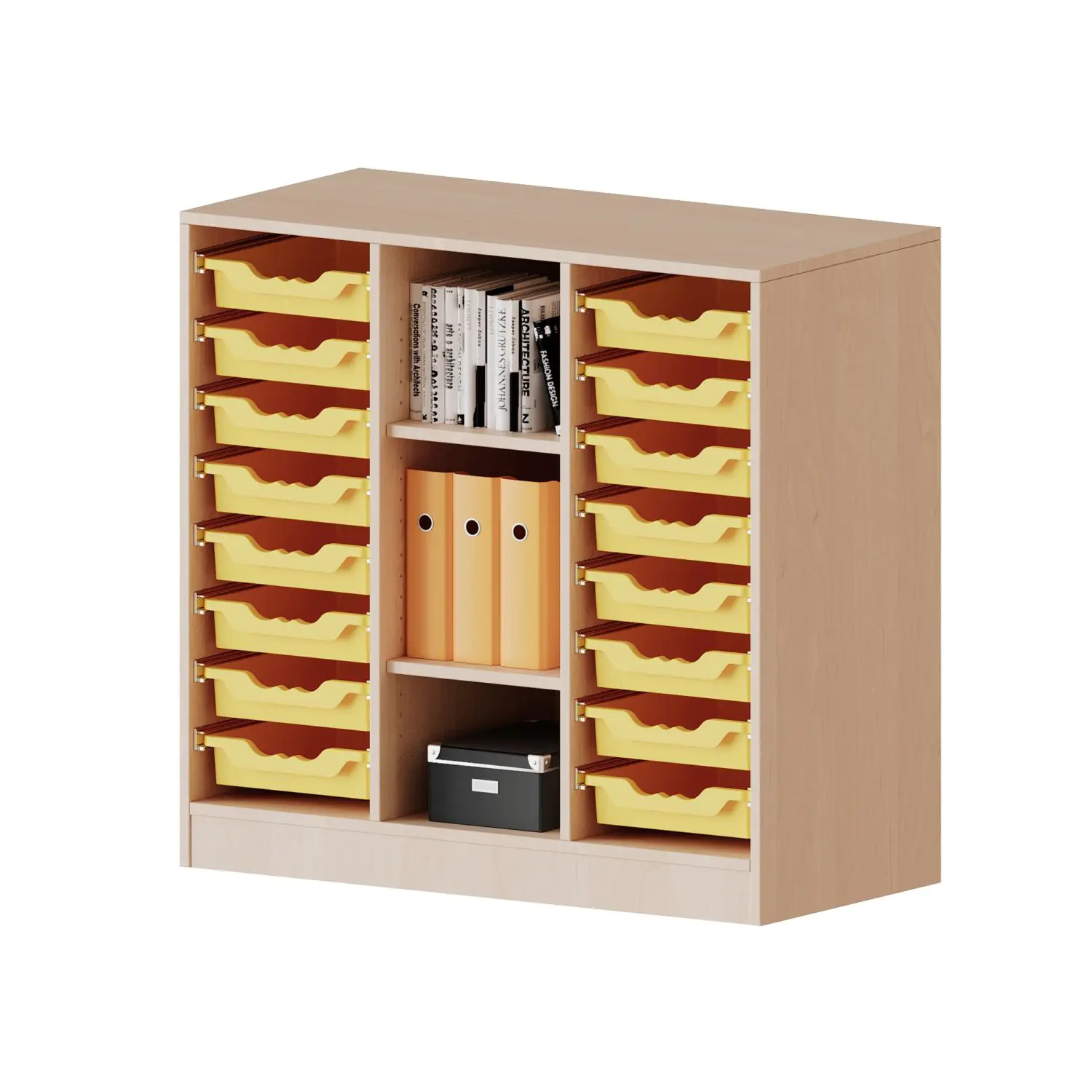 ErgoTray Regal, 3reihig, rechts+links je 8 flache Boxen, 3 Fächer mittig, B/H/T 104,5x100x40cm aus der Kategorie Kita - & Schulmöbel